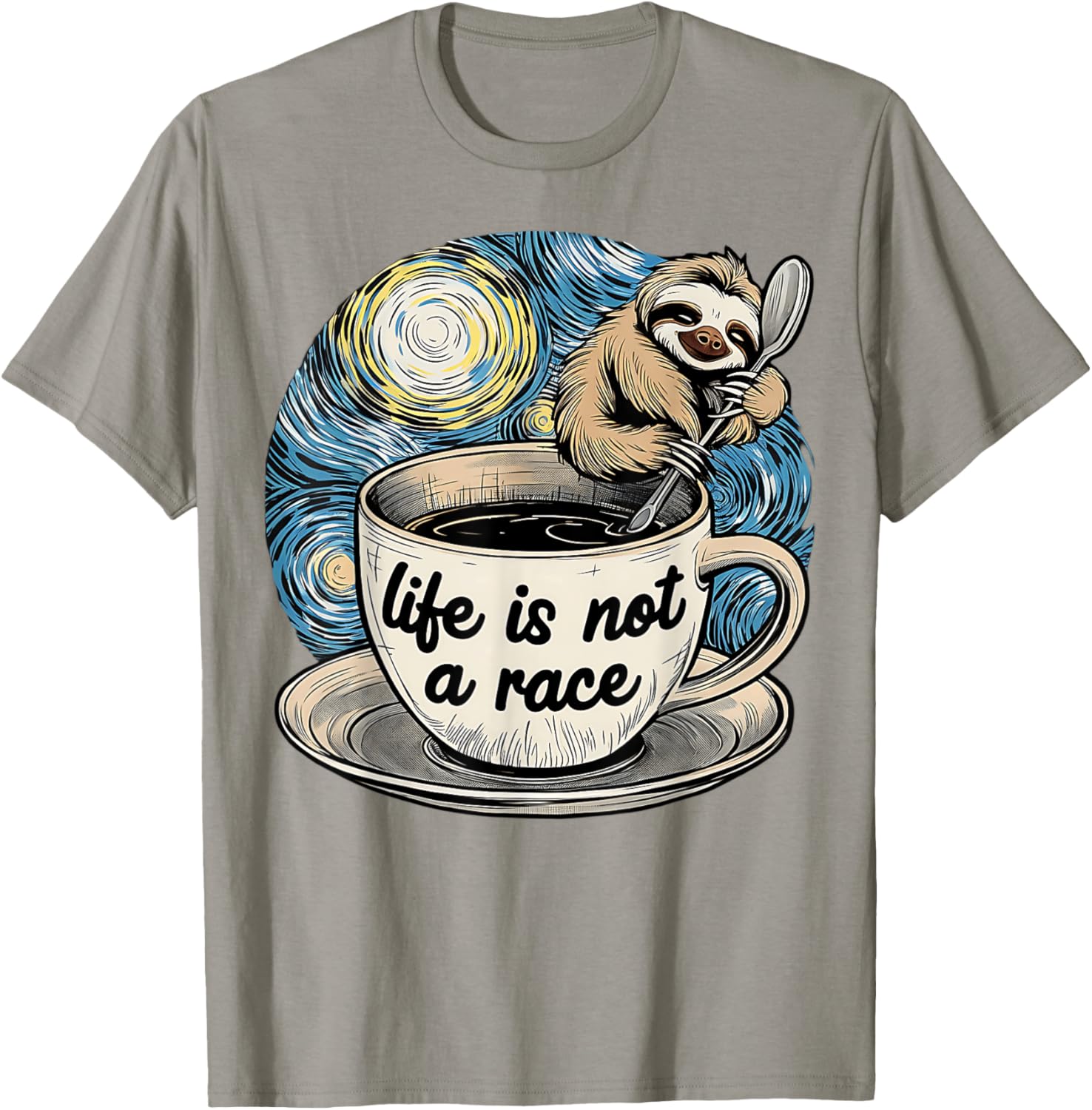Van Gogh Starry Night Sloth Coffee T-Shirt Life Is Not A Race - 10
