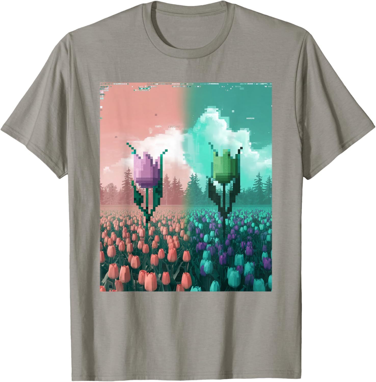 Pixel Tulip Retro Glitch Art T-Shirt for a Vibrant Easter Spring Look - 24