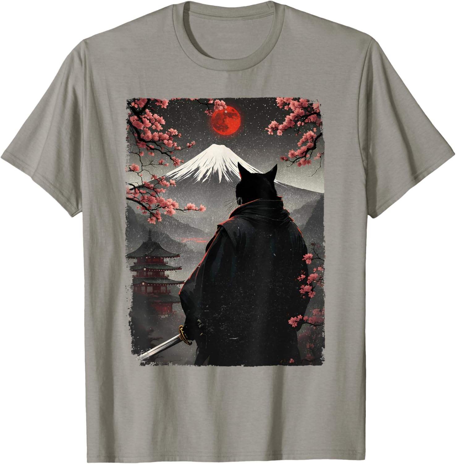 Samurai Cat Warrior Graphic T-Shirt with Blood Moon and Mount Fuji Design - 14