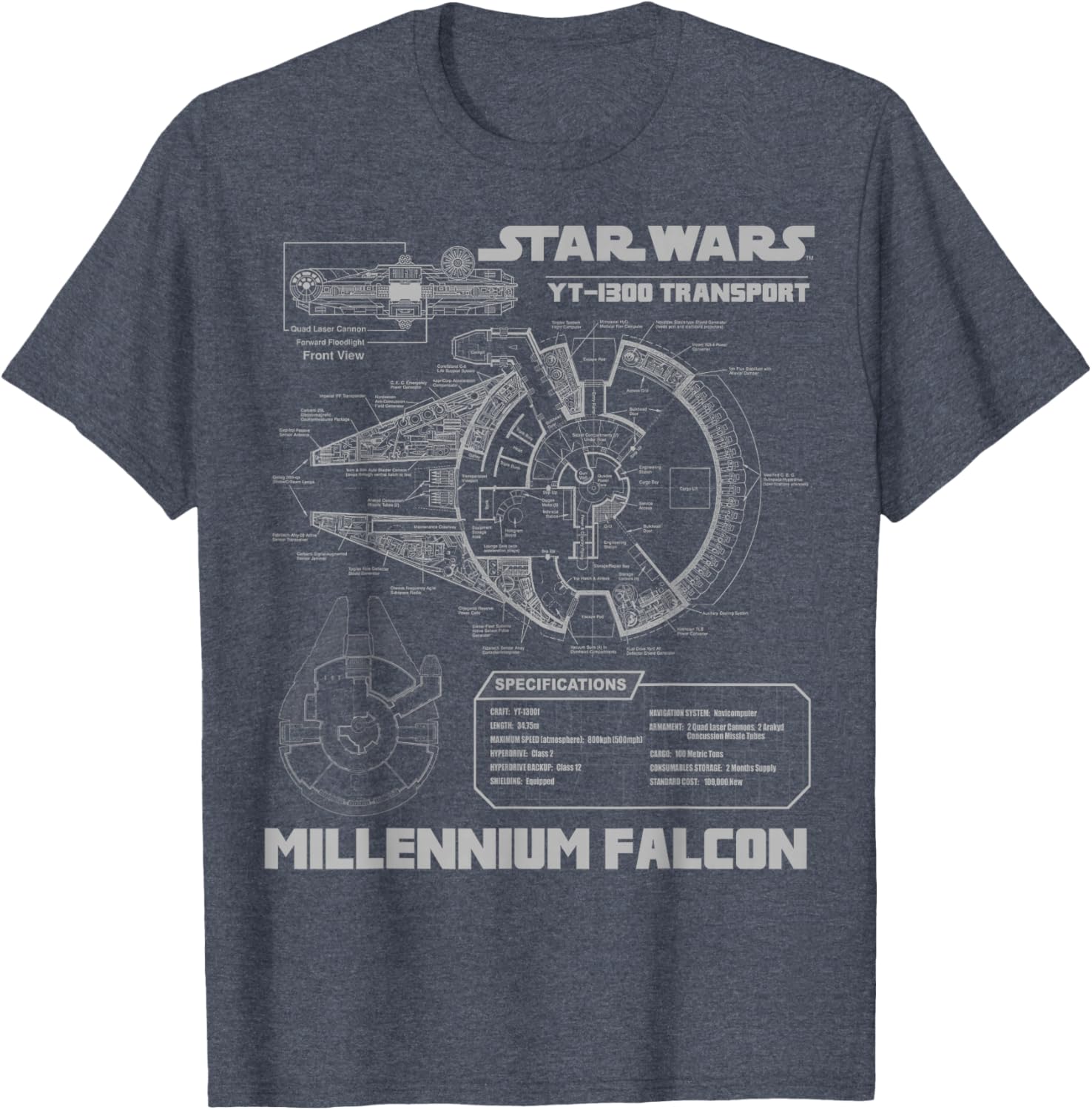 Star Wars Millennium Falcon Grey Schematics Graphic T-Shirt for Fans - 8