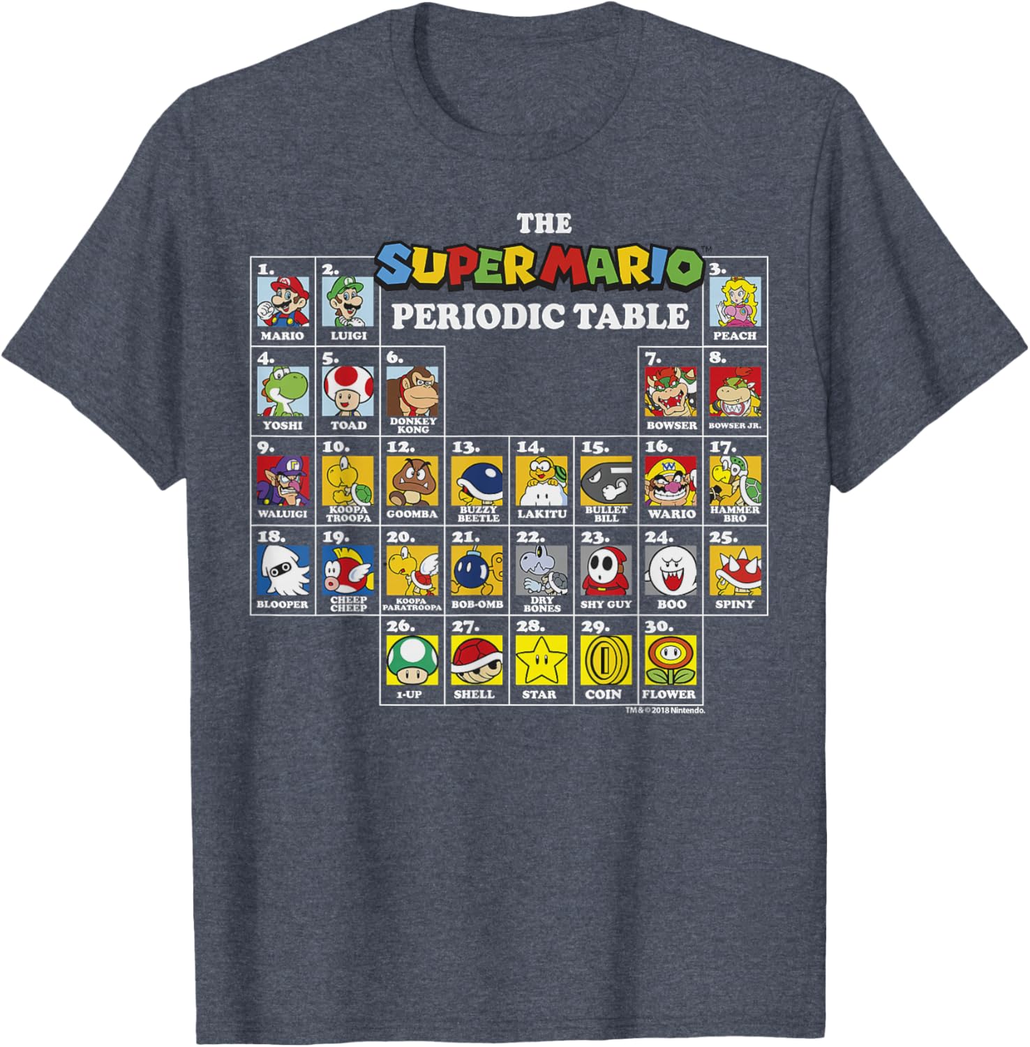 Super Mario Periodic Table Graphic T-Shirt Fun Character Design for Gamers - 10