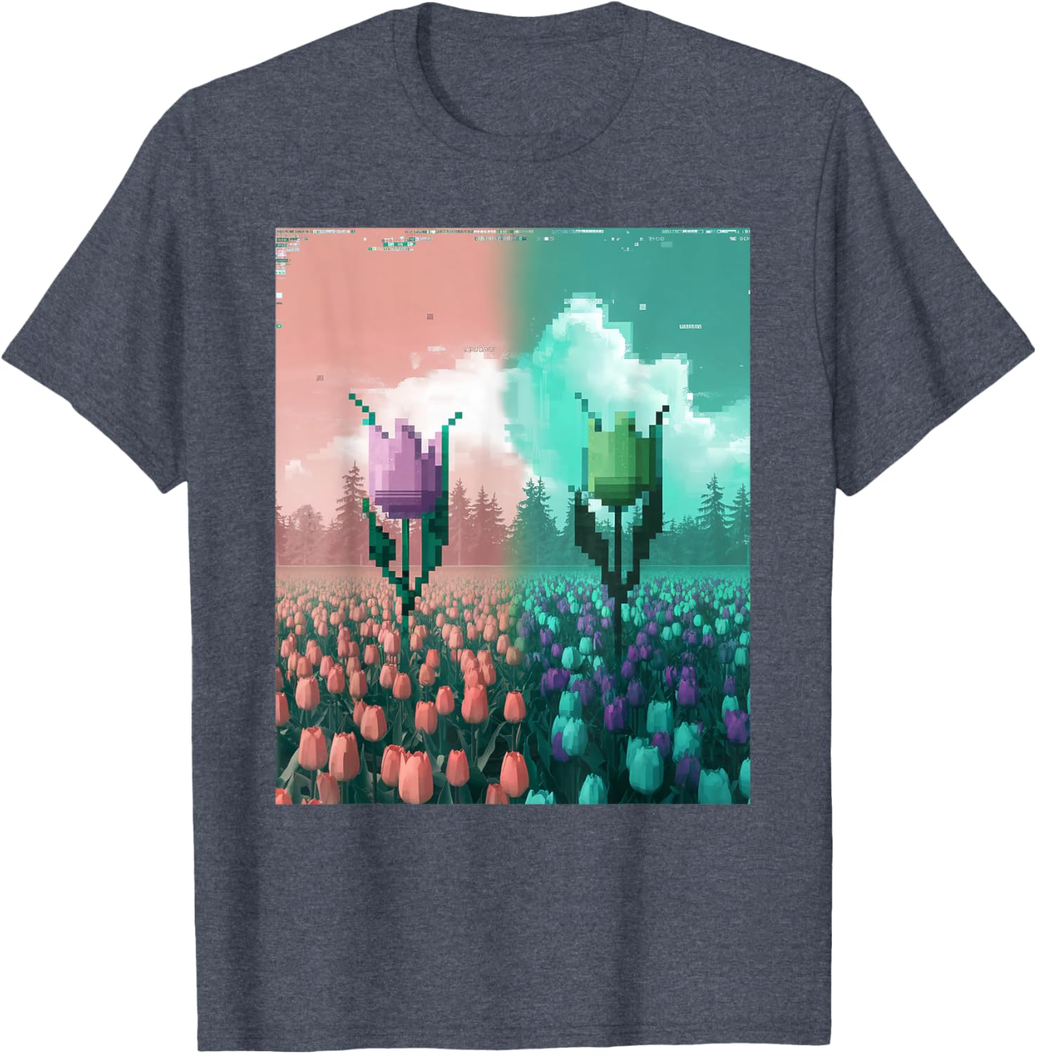 Pixel Tulip Retro Glitch Art T-Shirt for a Vibrant Easter Spring Look - 27