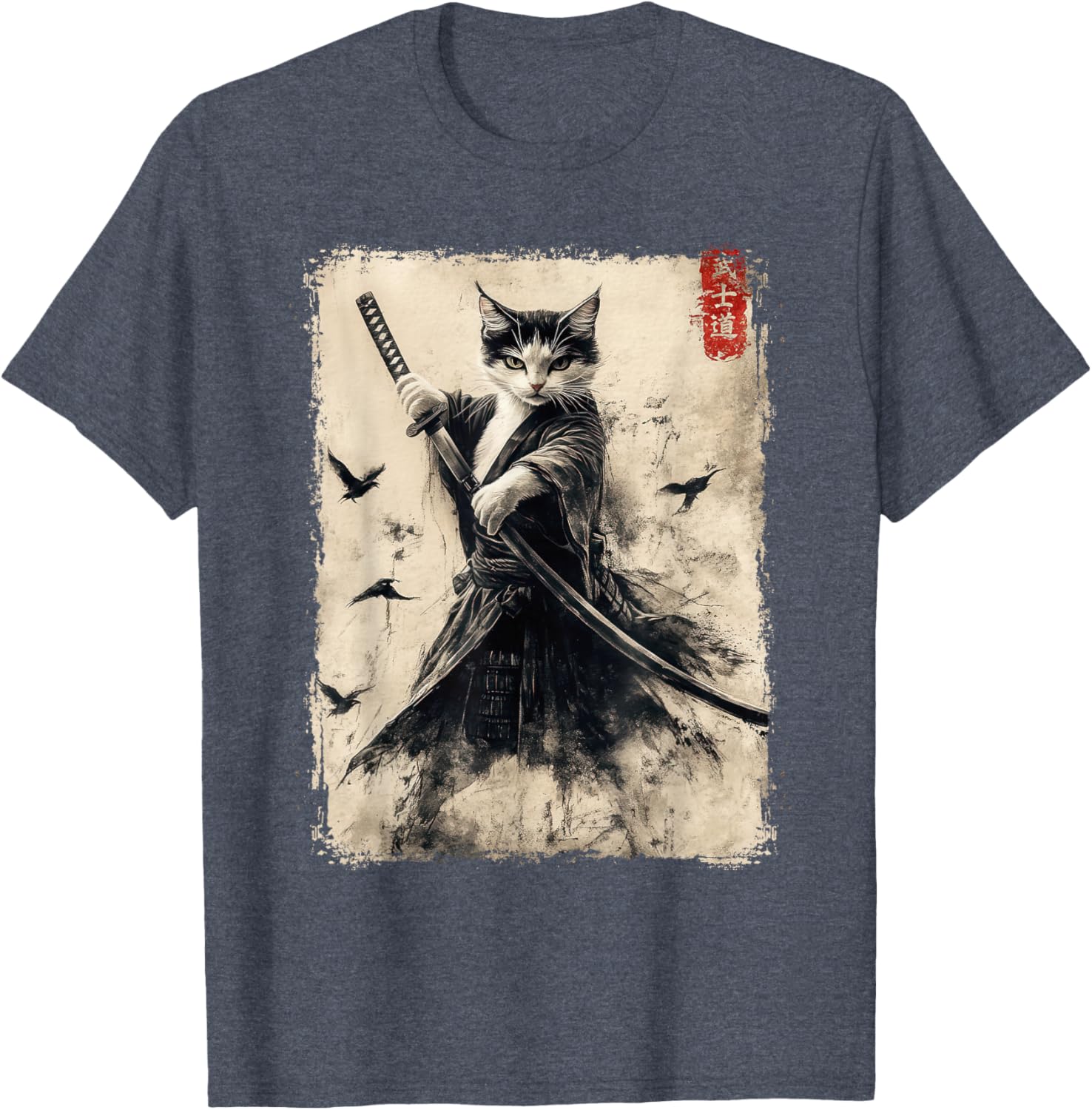 Samurai Cat Vintage Anime Graphic Tee – Cool Japanese Art T-Shirt - 9