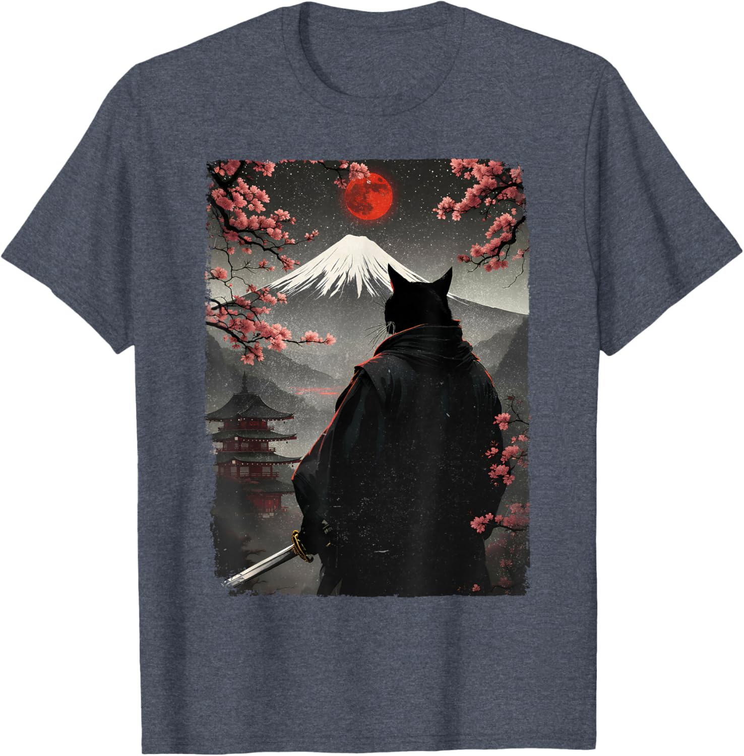 Samurai Cat Warrior Graphic T-Shirt with Blood Moon and Mount Fuji Design - 12