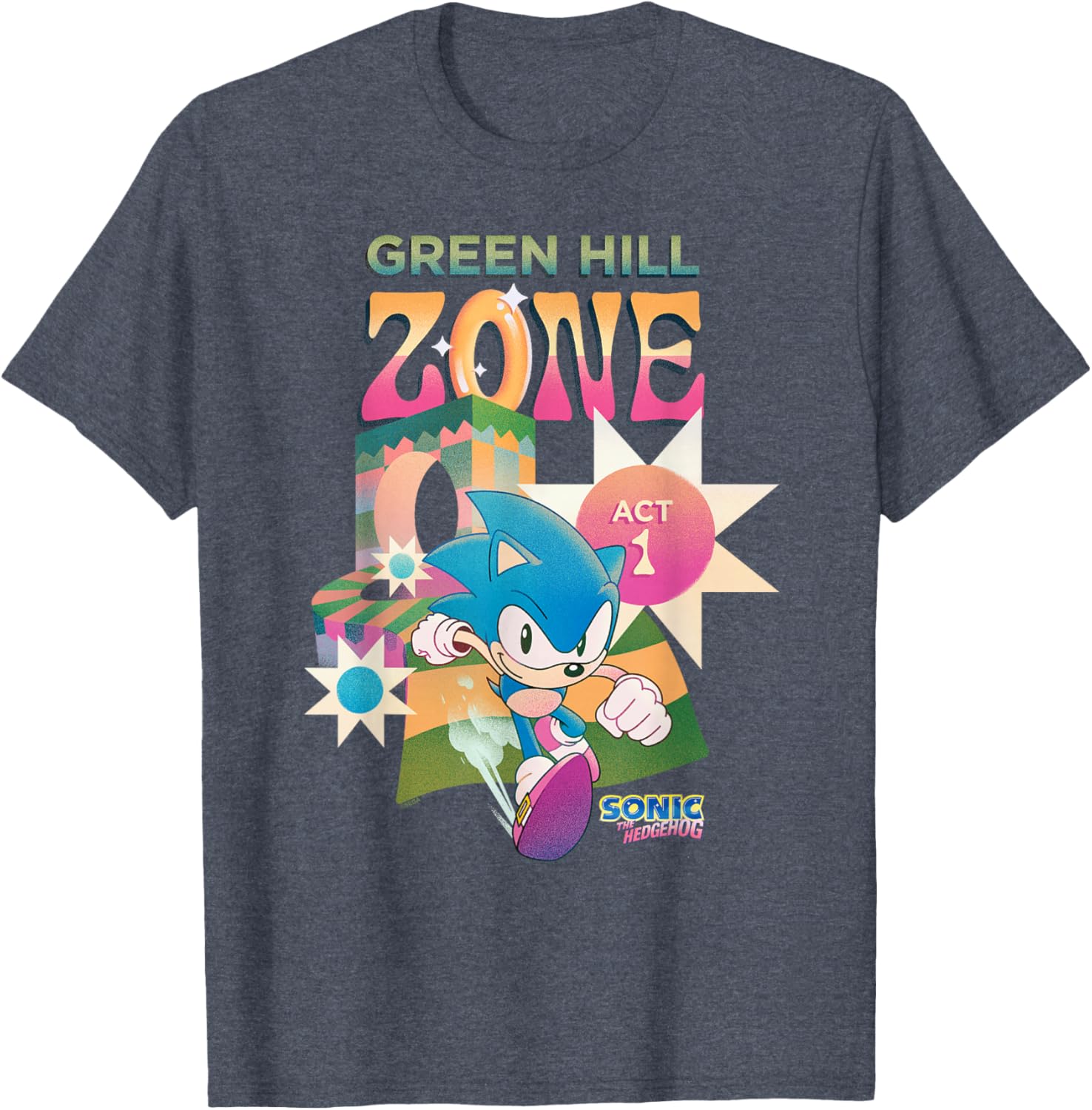 Sonic The Hedgehog Green Hill Zone Act 1 Retro Logo T-Shirt for Gamers - 1