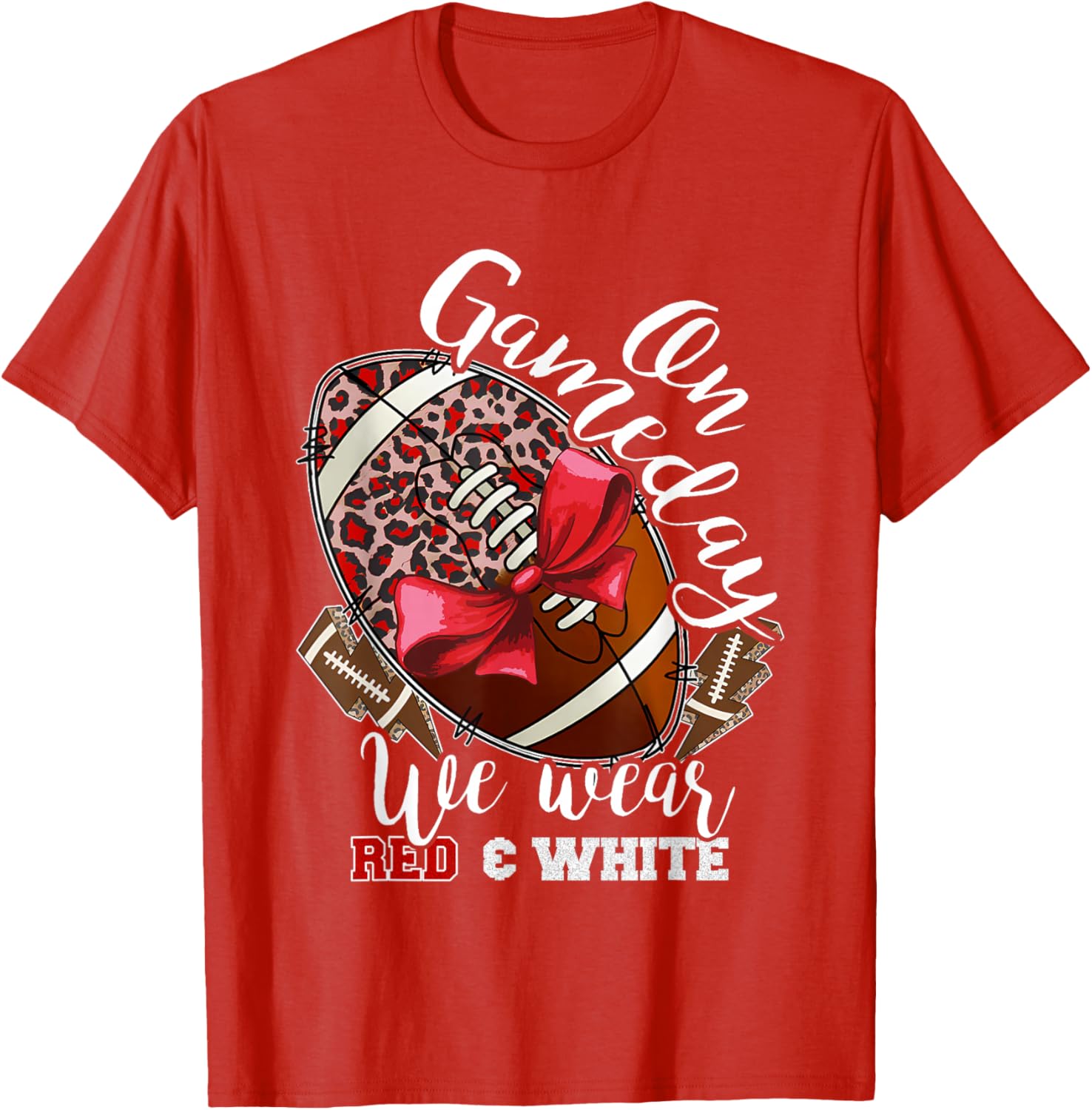On Gameday Football We Wear Red and White School Spirit T-Shirt - 11