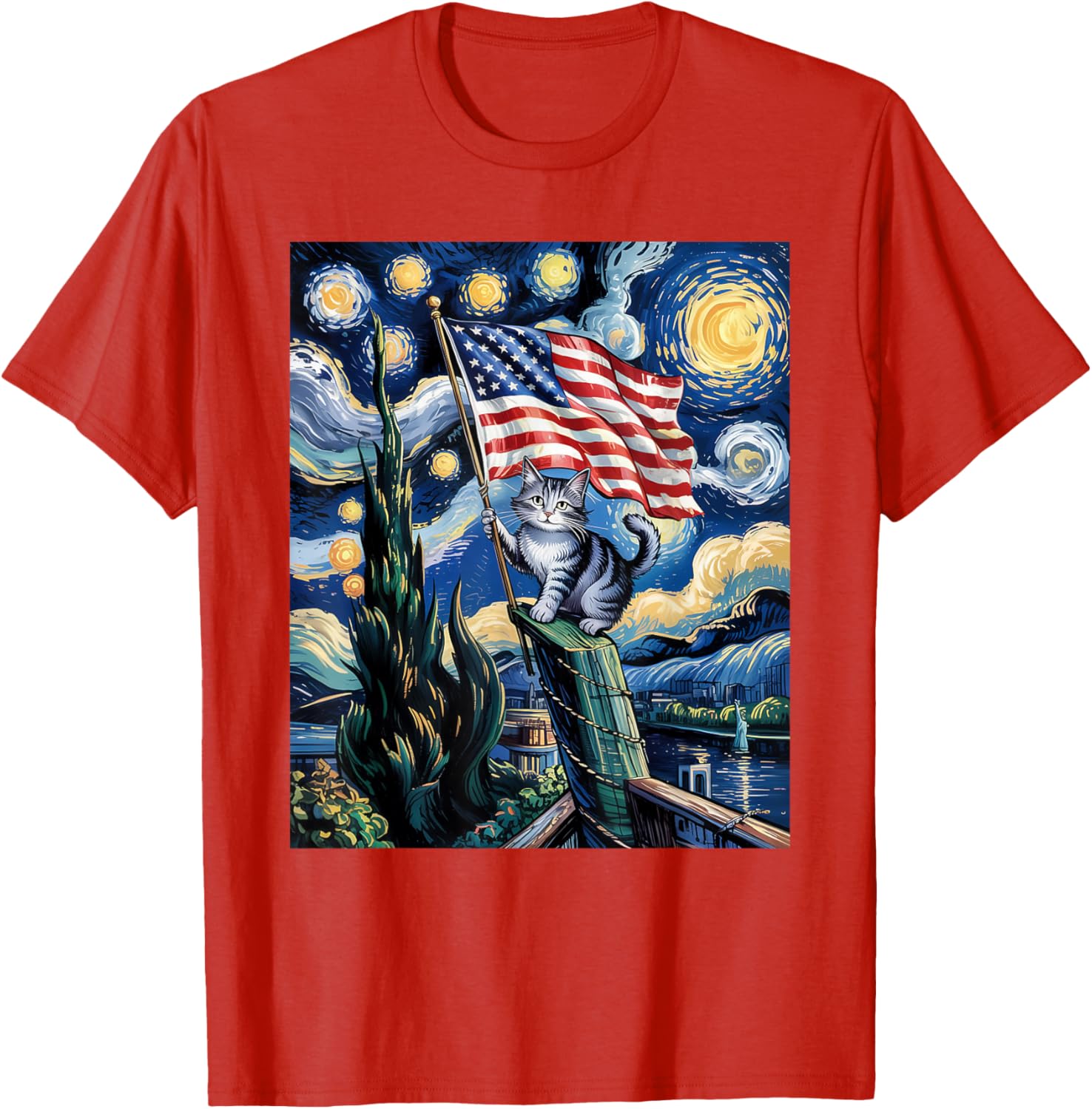 Starry Night Patriotic Cat T-Shirt for 4th of July Celebrate in Style - 12