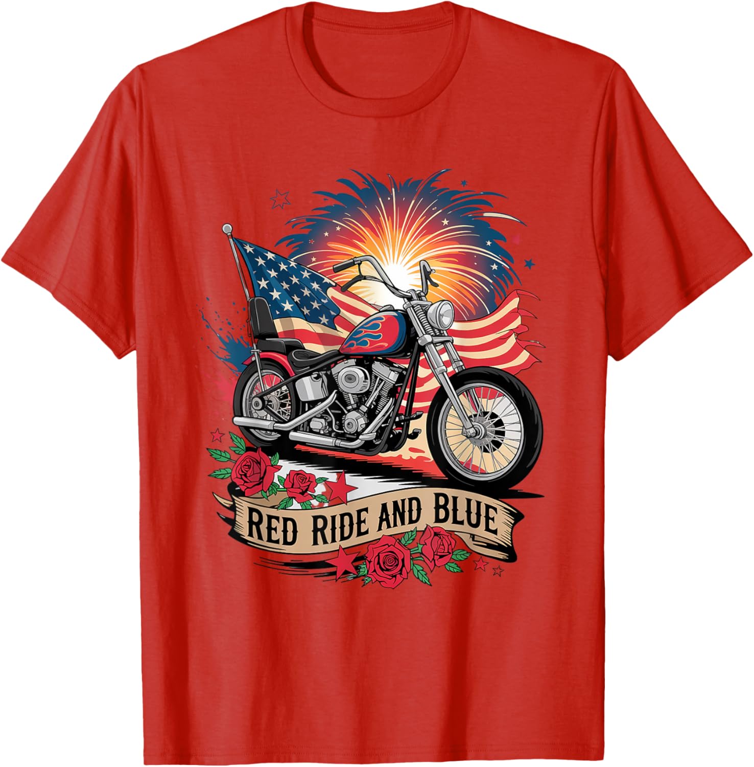 Patriotic USA Biker T-Shirt with Red Ride & Blue American Flag Design - 8