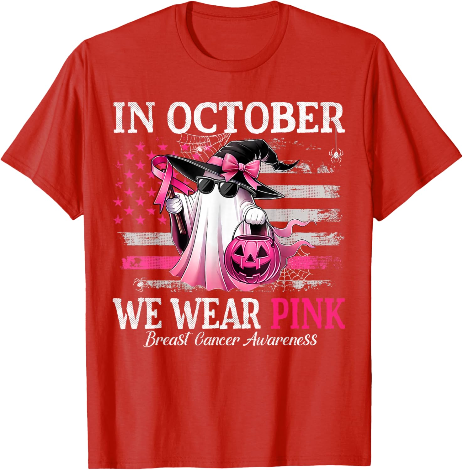 October Breast Cancer Awareness T-Shirt with Pink Ghost Witch Design - 23