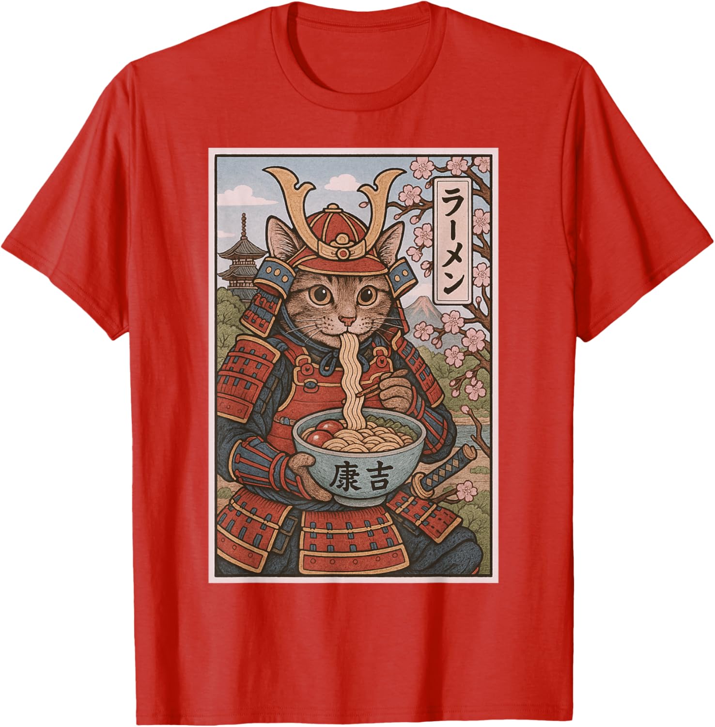 Samurai Cat Ramen Lovers T-Shirt - Cute Japanese Warrior Cat Tee - 14