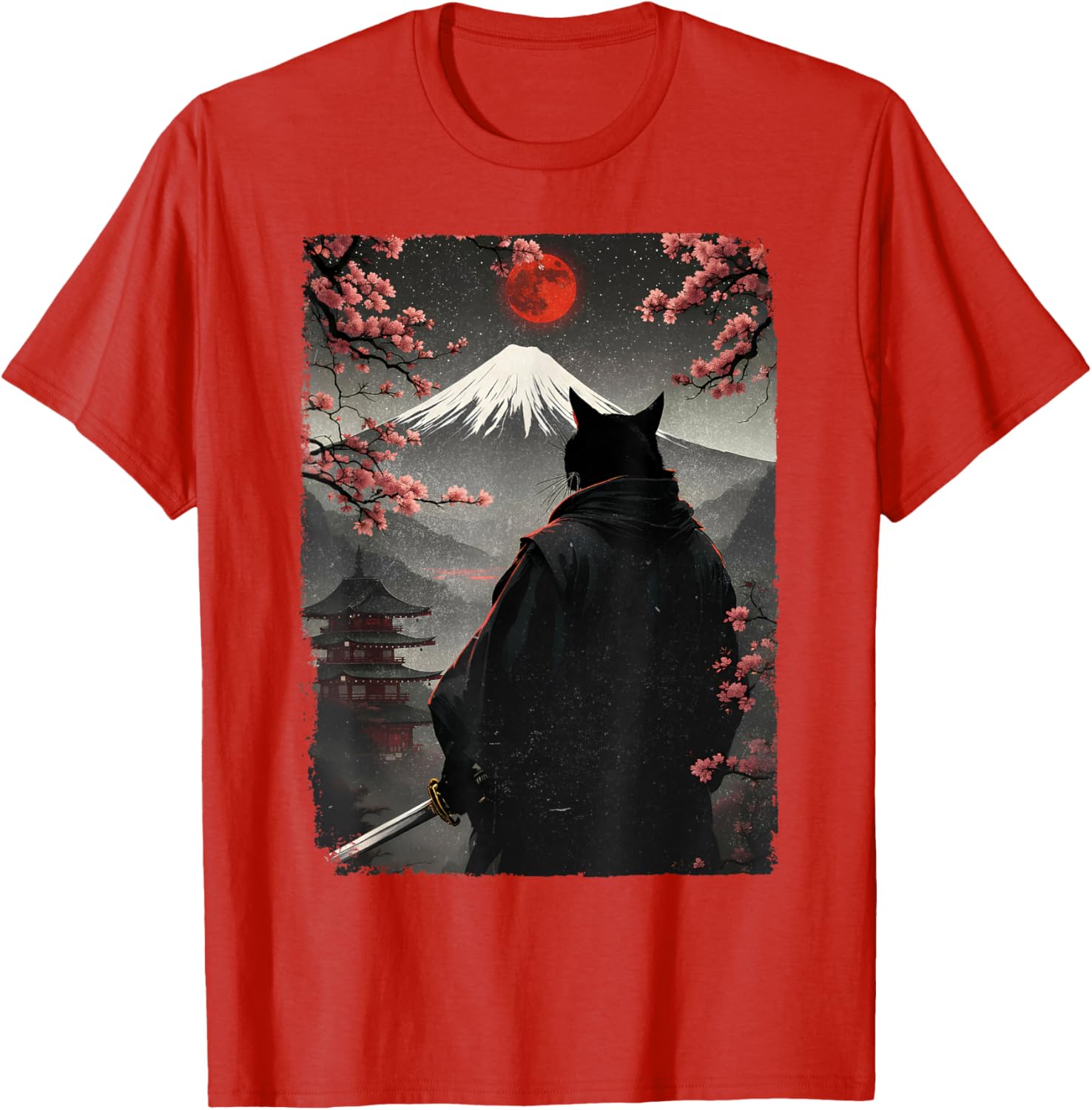 Samurai Cat Warrior Graphic T-Shirt with Blood Moon and Mount Fuji Design - 13