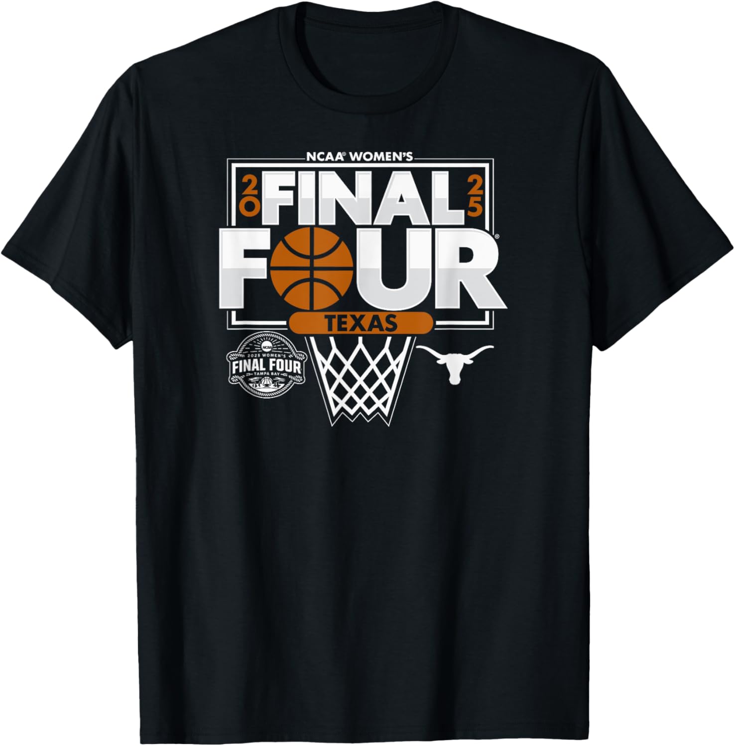 Texas Longhorns Final Four 2025 Women's Basketball Net Black T-Shirt - 1