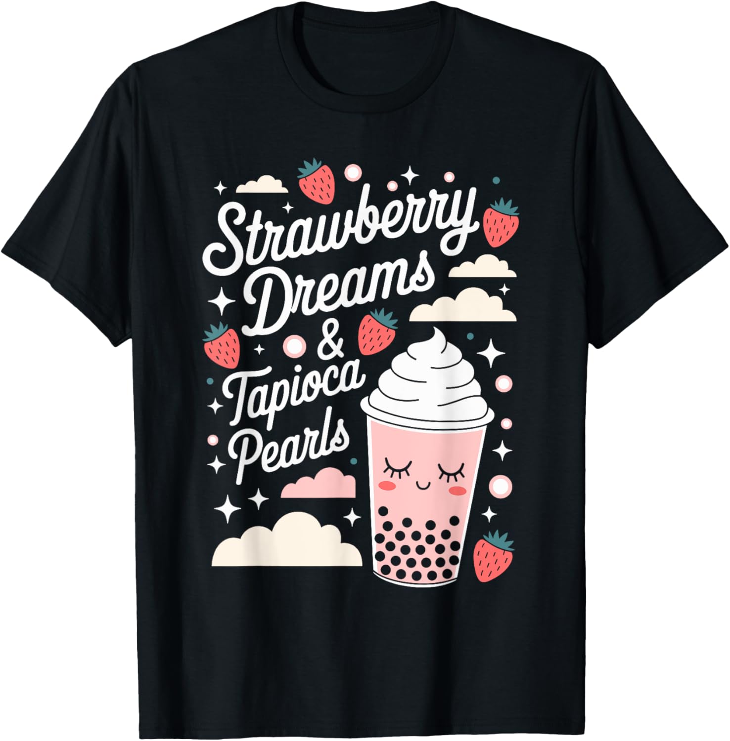 Strawberry Dreams Boba Tea T-Shirt with Tapioca Pearls Design - 1