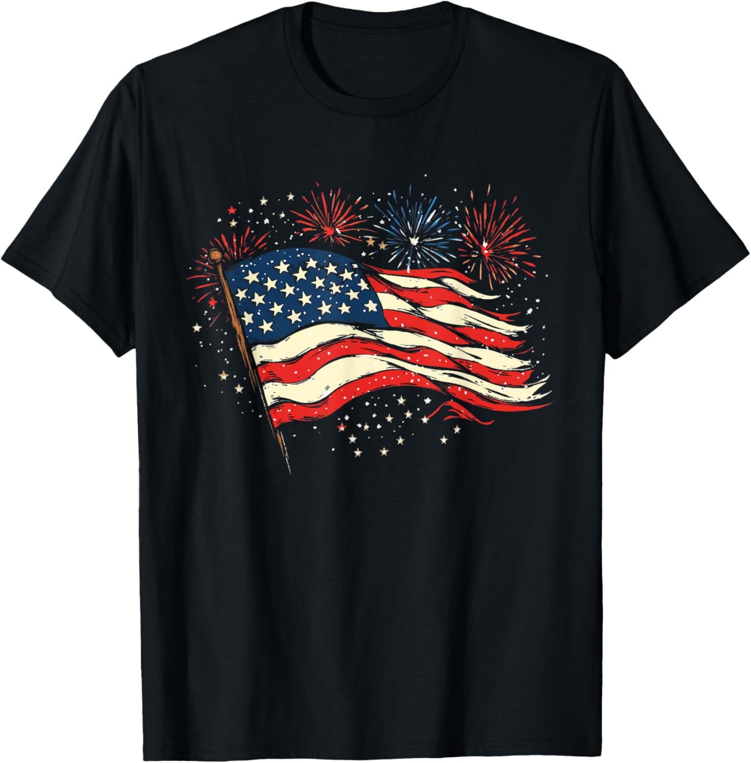Patriotic USA T-Shirt with Fireworks and American Flag for 4th of July - 1
