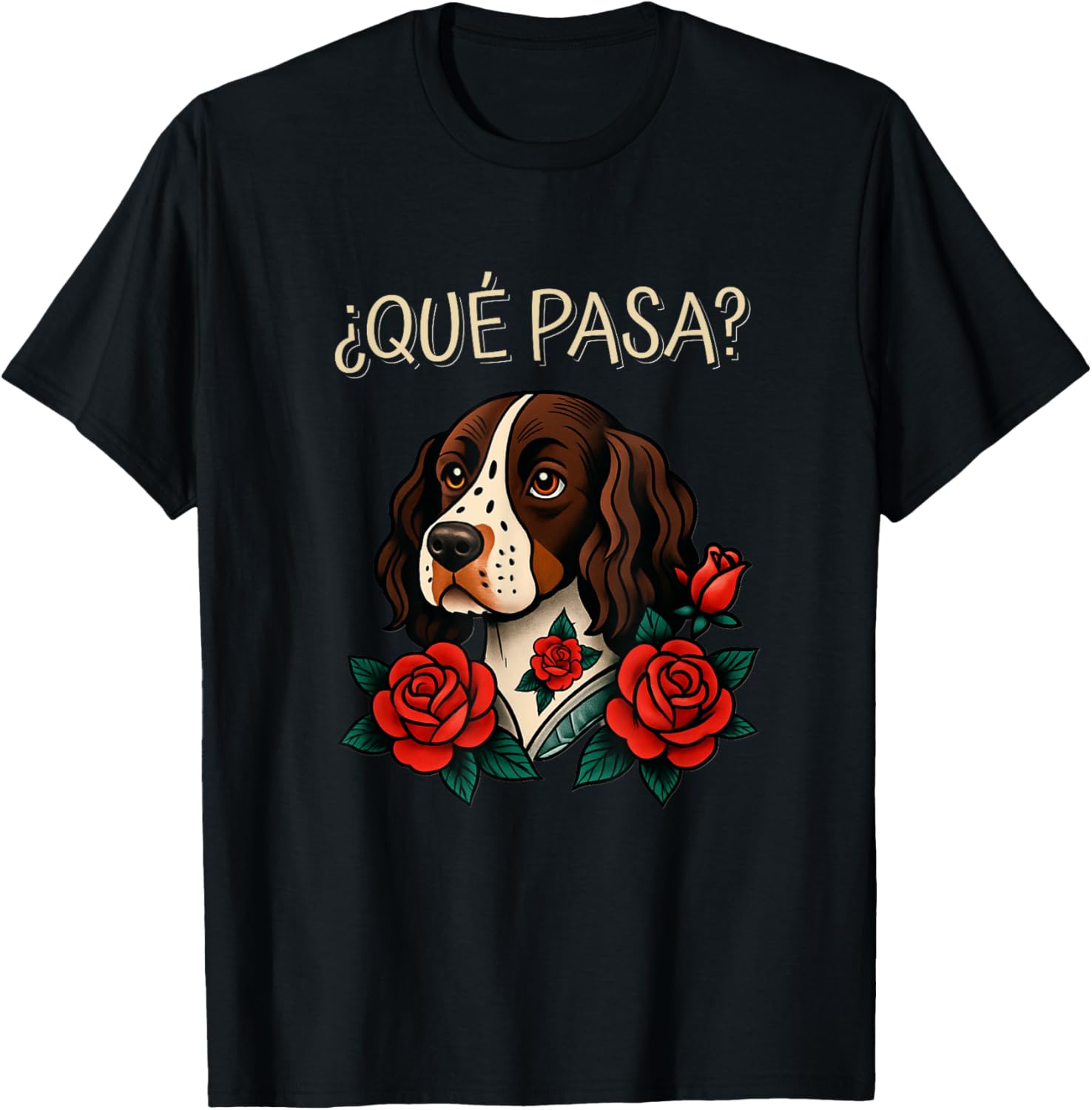 Que Pasa English Springer Spaniel Roses Tattoo Style T-Shirt for Dog Lovers - 4