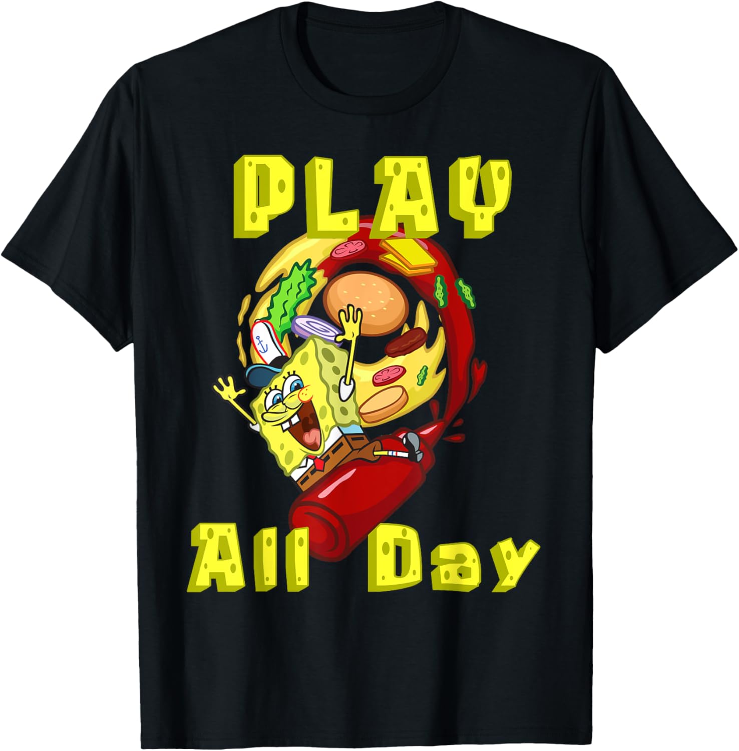 SpongeBob Play All Day T-Shirt with Fun Burger Ketchup Design - 3