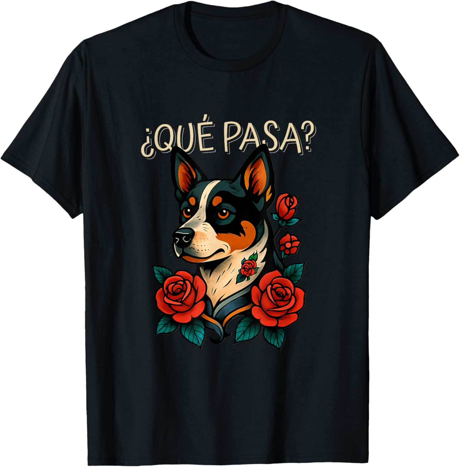 Que Pasa Australian Cattle Dog Roses Tattoo Style T-Shirt for Dog Lovers - 1