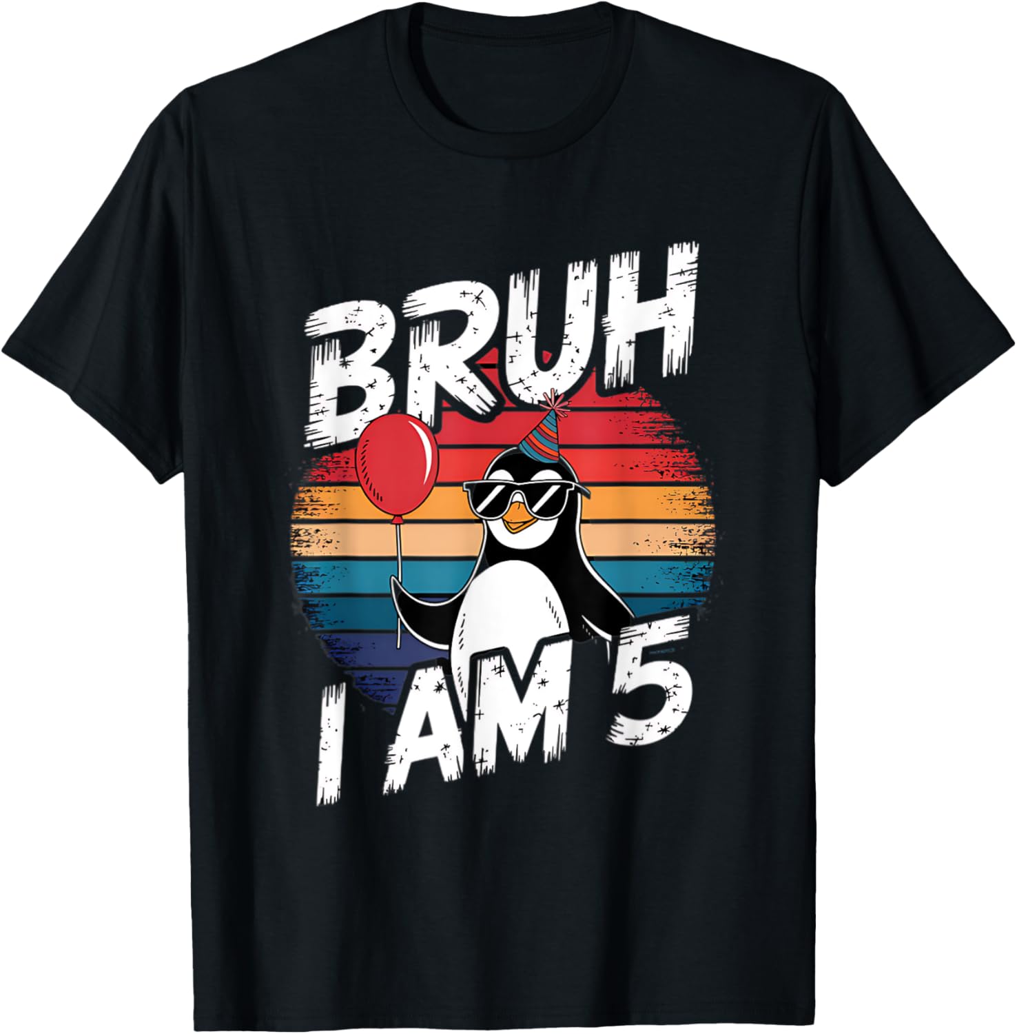 Retro Sunset Penguin T-Shirt for 5th Birthday Party Fun for Kids - 1