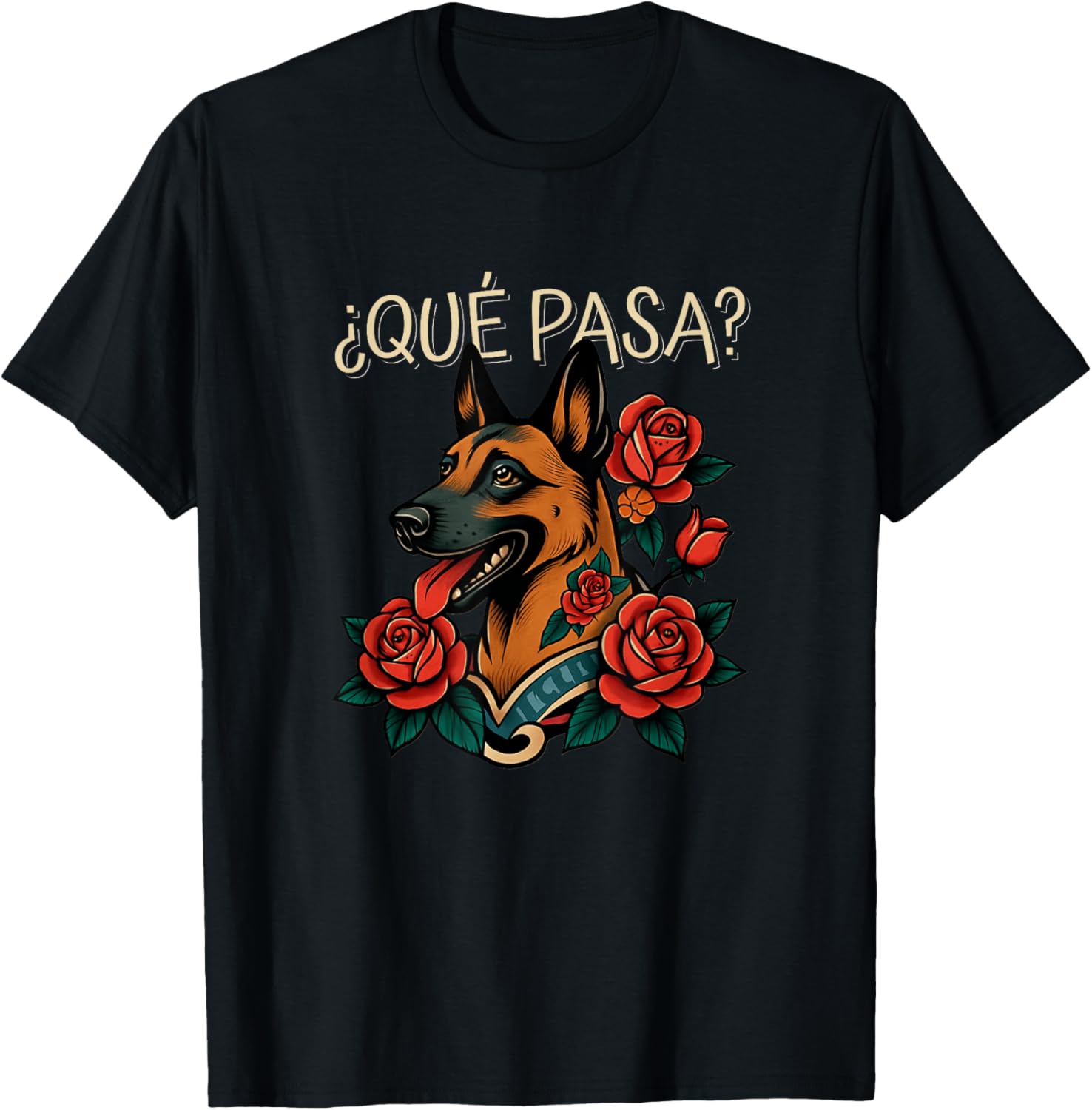 Que Pasa Belgian Malinois Roses Tattoo Style T-Shirt for Dog Lovers - 1