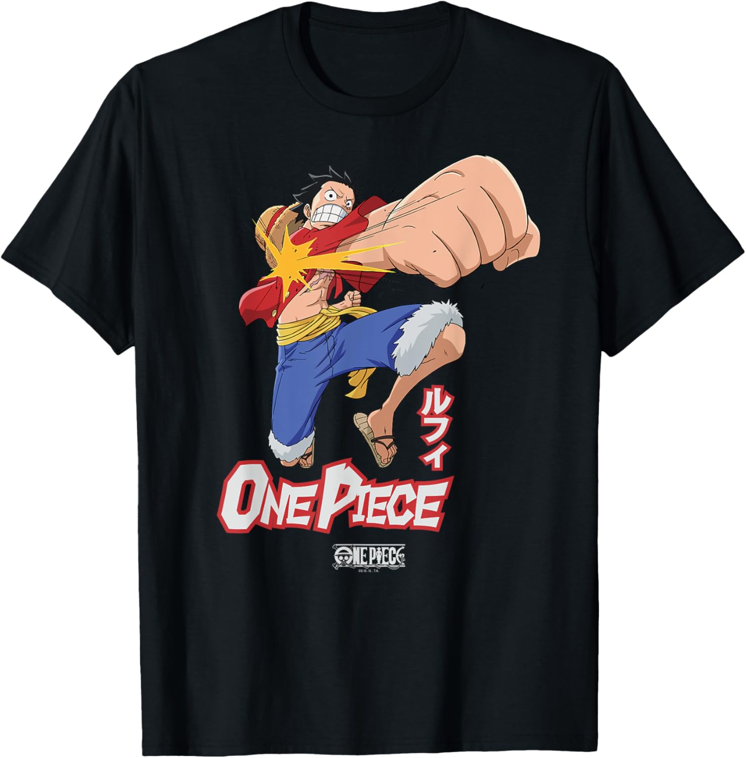 One Piece Luffy Flying Fist Pose Kanji T-Shirt for Anime Fans - 1