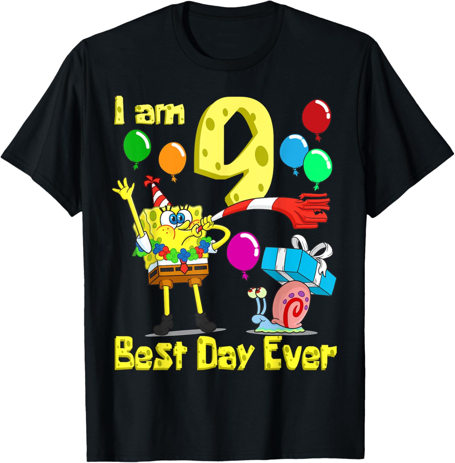 SpongeBob I Am 9 Years Old Birthday Party T-Shirt for Kids Fun Gift - 11