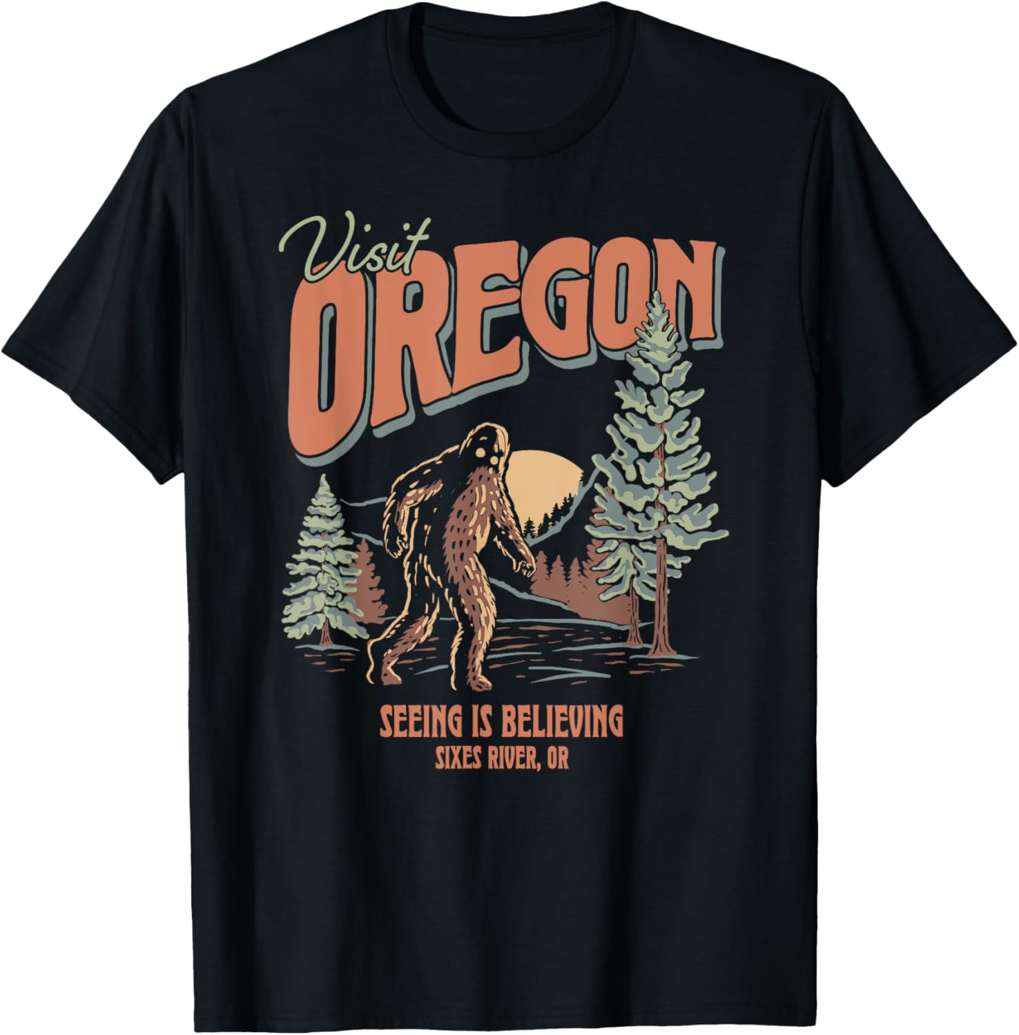 Visit Oregon See Bigfoot Funny Retro Graphic T-Shirt for Cryptid Lovers - 1