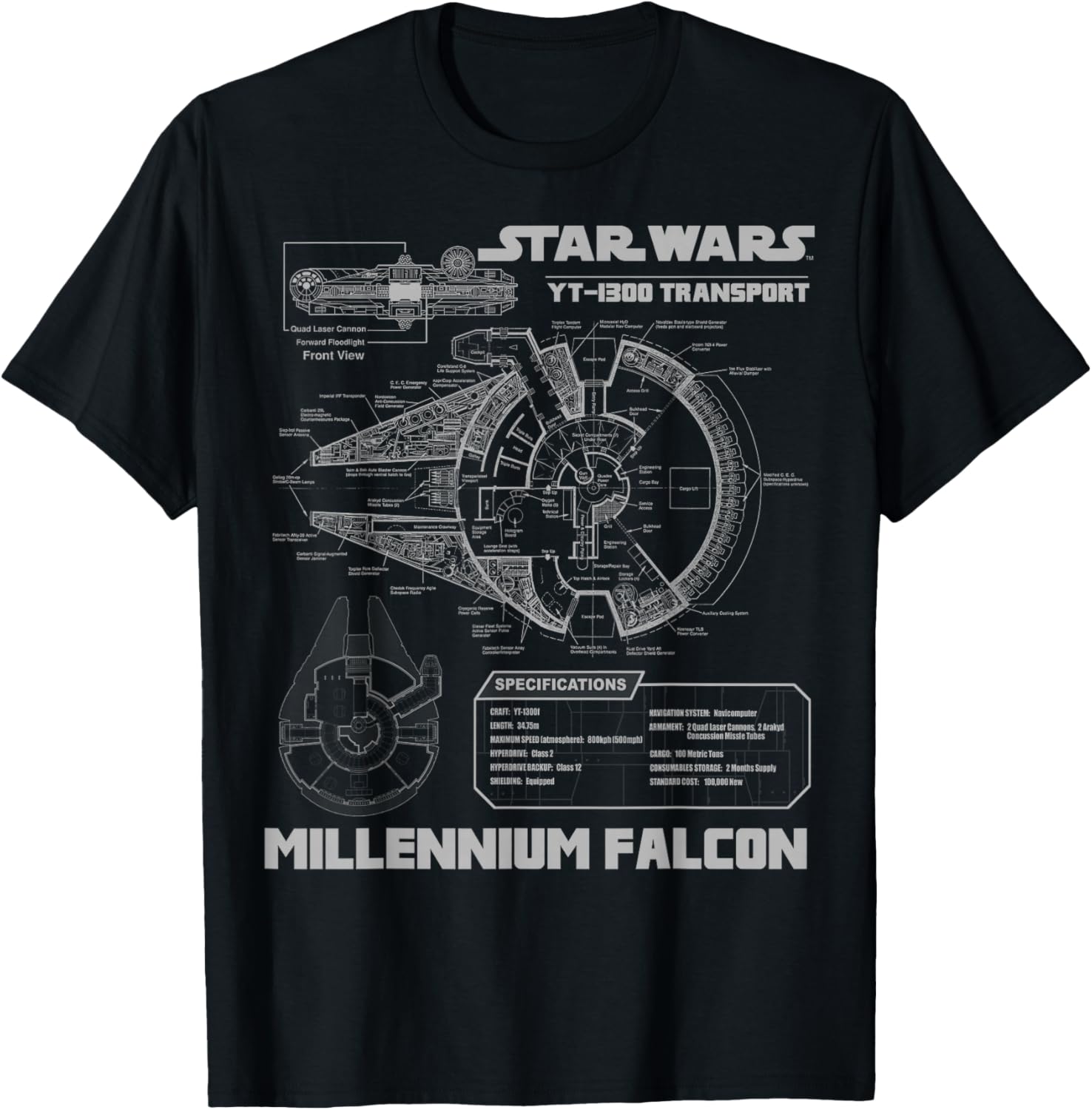 Star Wars Millennium Falcon Grey Schematics Graphic T-Shirt for Fans - 7