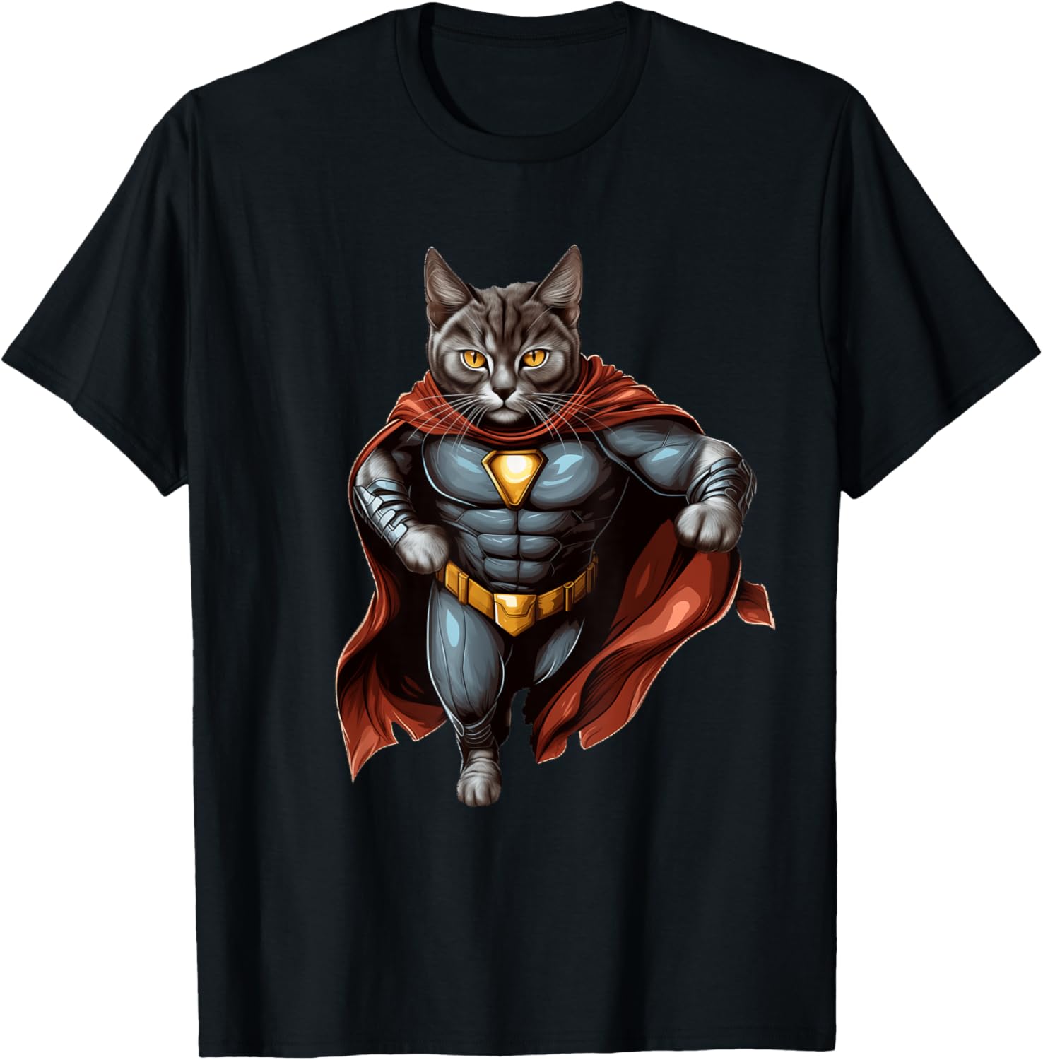 Superhero Cat T-Shirt with Red Cape for Kids and Adults - Fun Kitty Apparel - 1