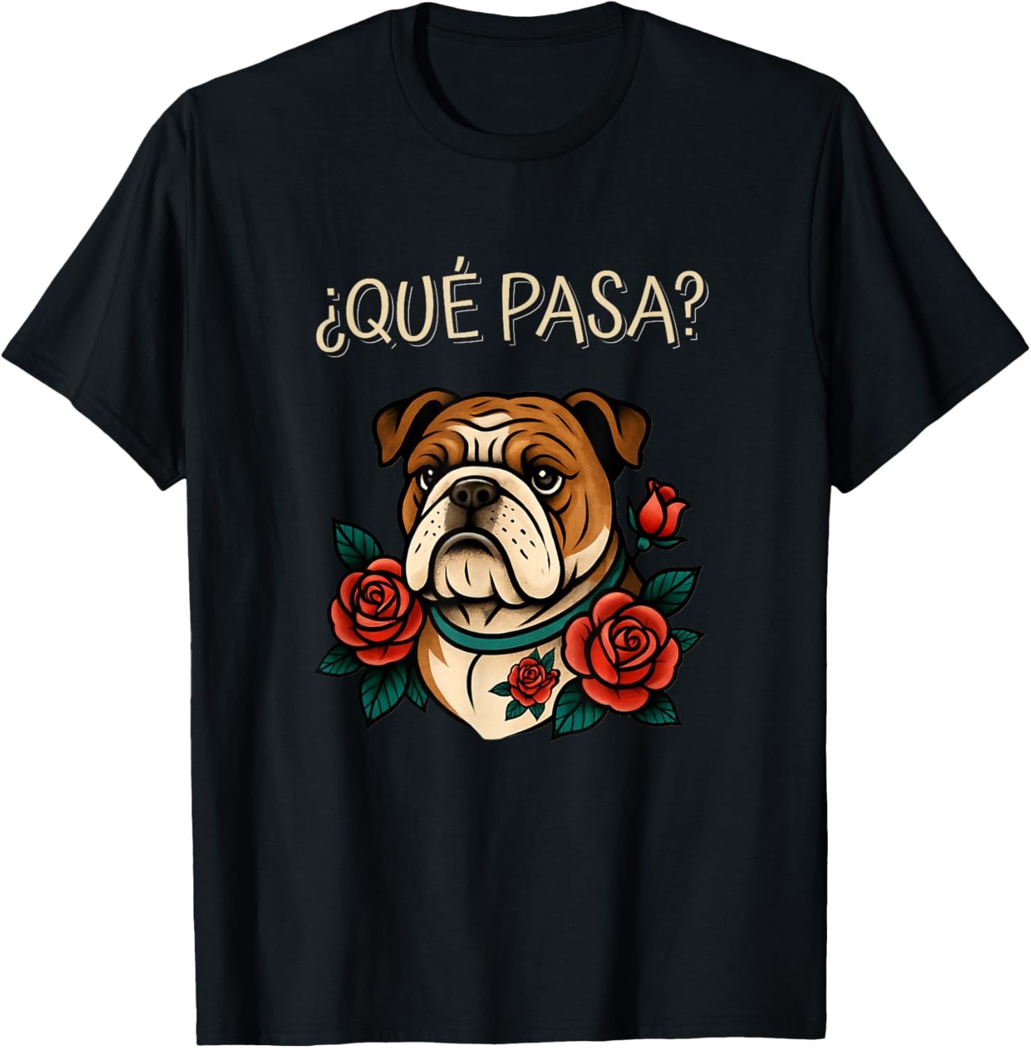 Que Pasa English Bulldog Roses Tattoo Style T-Shirt for Dog Lovers - 4