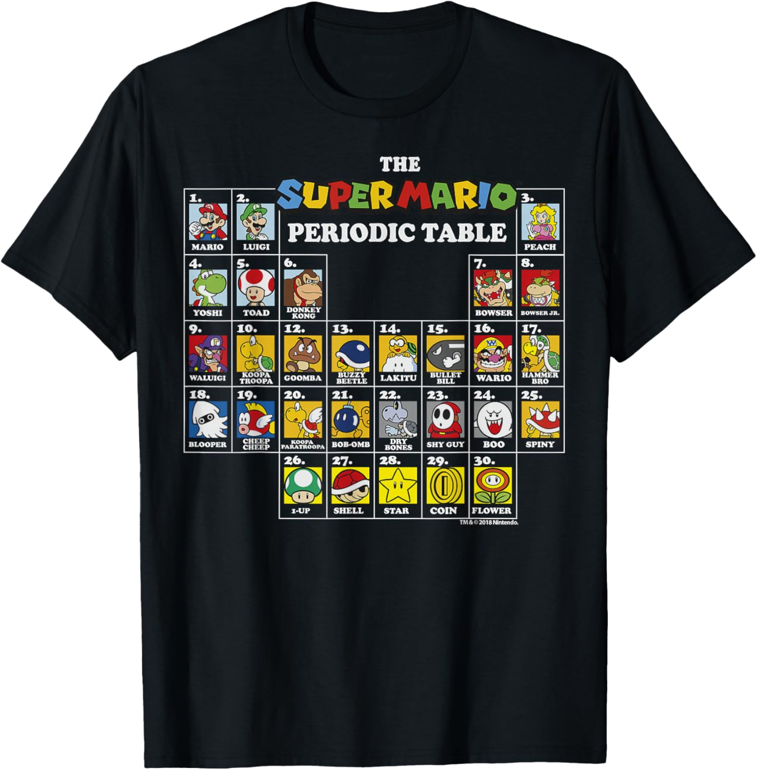 Super Mario Periodic Table Graphic T-Shirt Fun Character Design for Gamers - 1