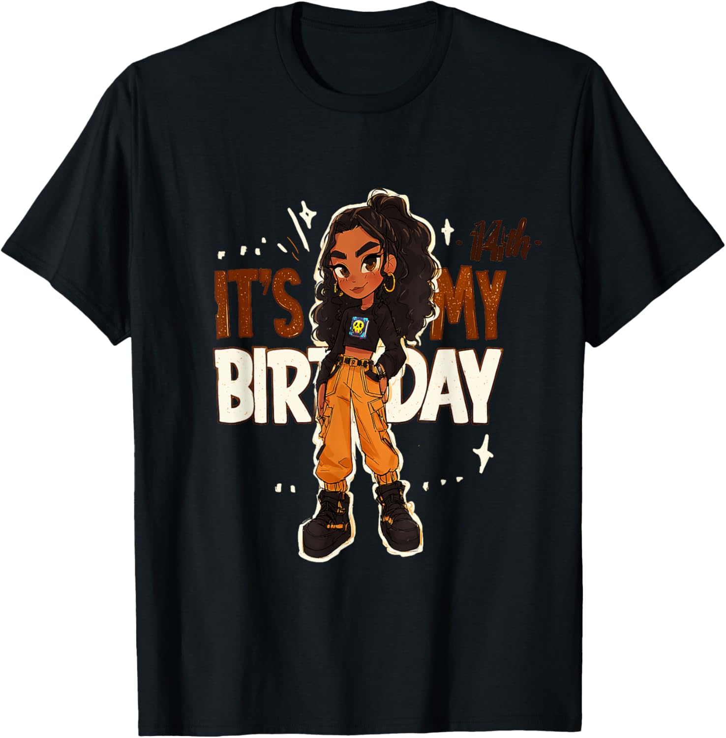 14th Birthday Girl Outfit with Cargo Pants and Curly Hair Art T-Shirt - 11