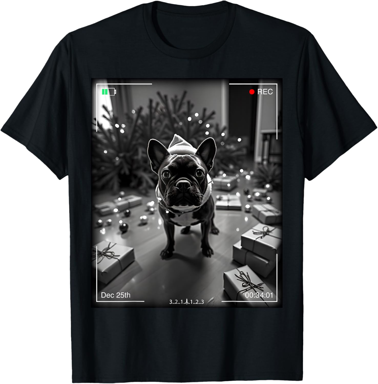 Festive French Bulldog Caught On Camera Christmas T-Shirt for Dog Lovers - 1