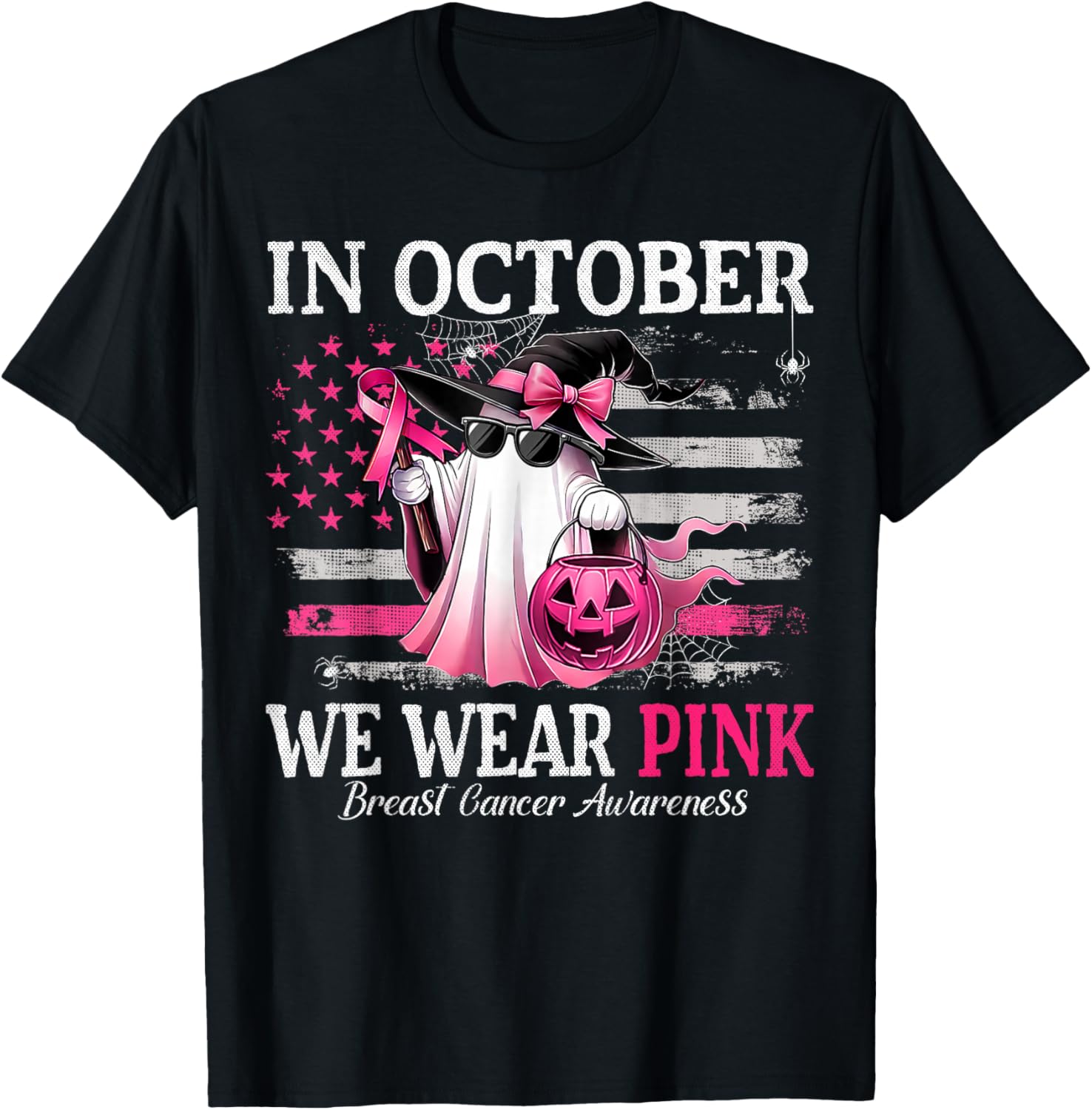 October Breast Cancer Awareness T-Shirt with Pink Ghost Witch Design - 10