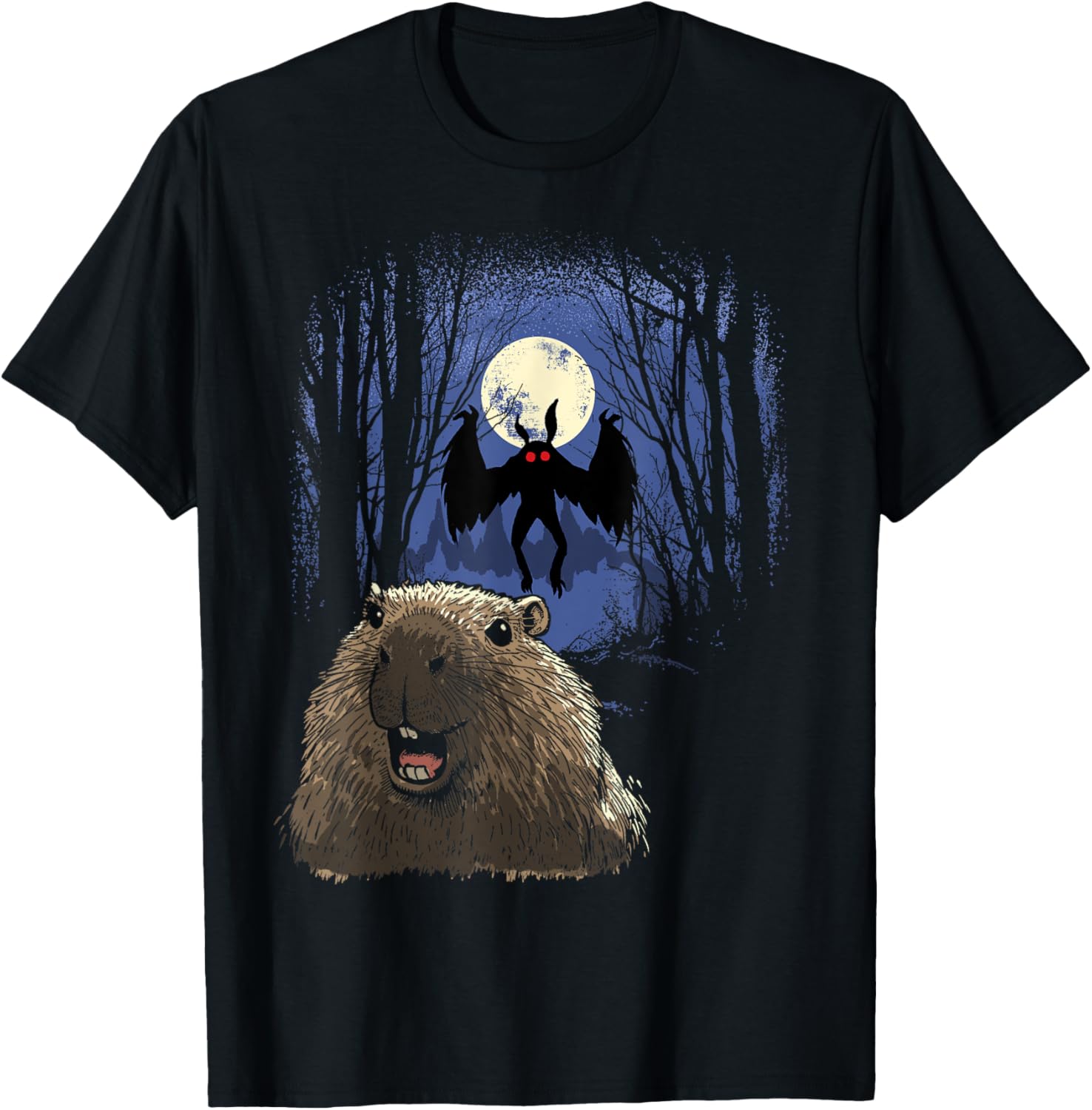 Scared Capybara Selfie T-Shirt with Mothman Monster Cryptid Design - 1