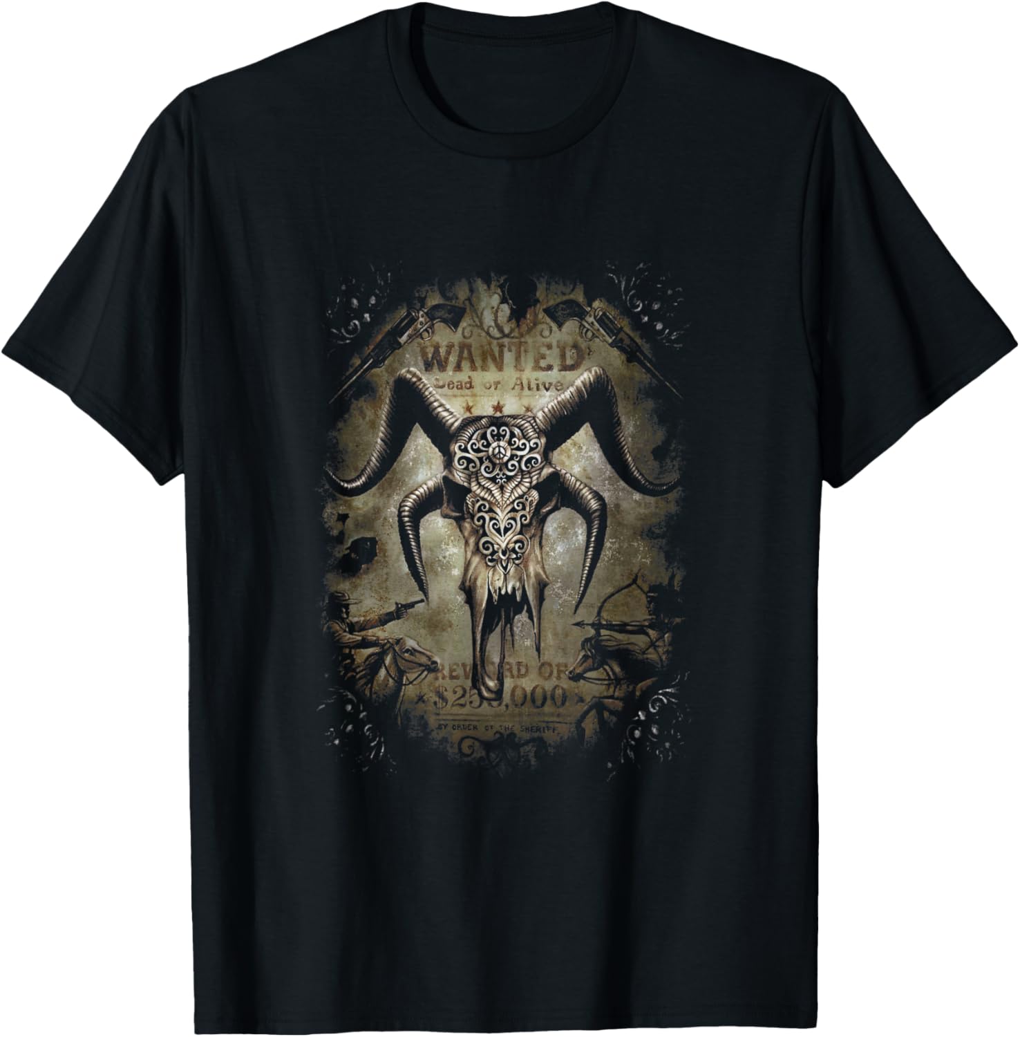 Western Skull Wanted T-Shirt by Sarah Richter - Unique Art Apparel - 1