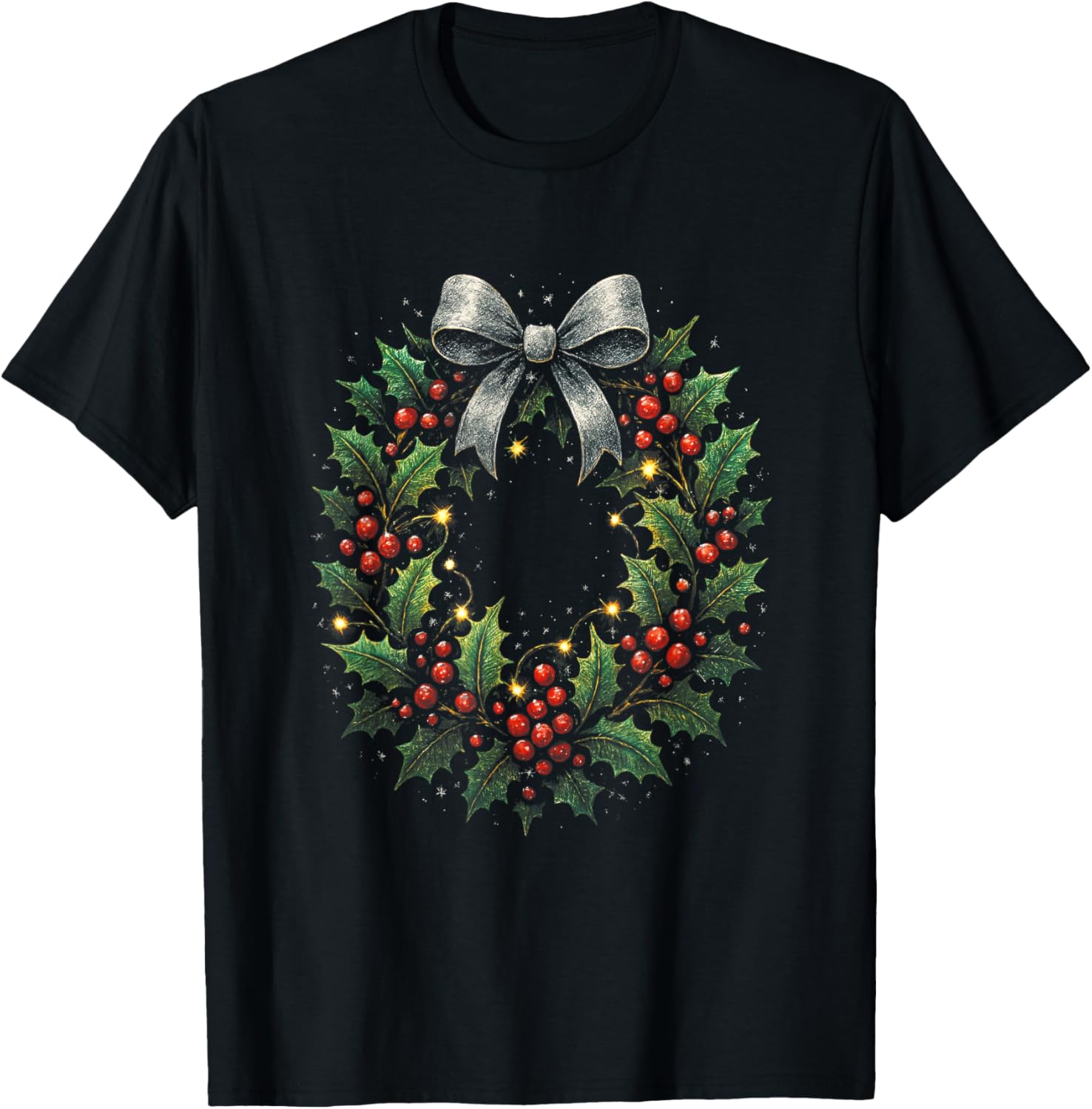 Festive Christmas Wreath T-Shirt with Berries and Lights for Holiday Cheer - 3