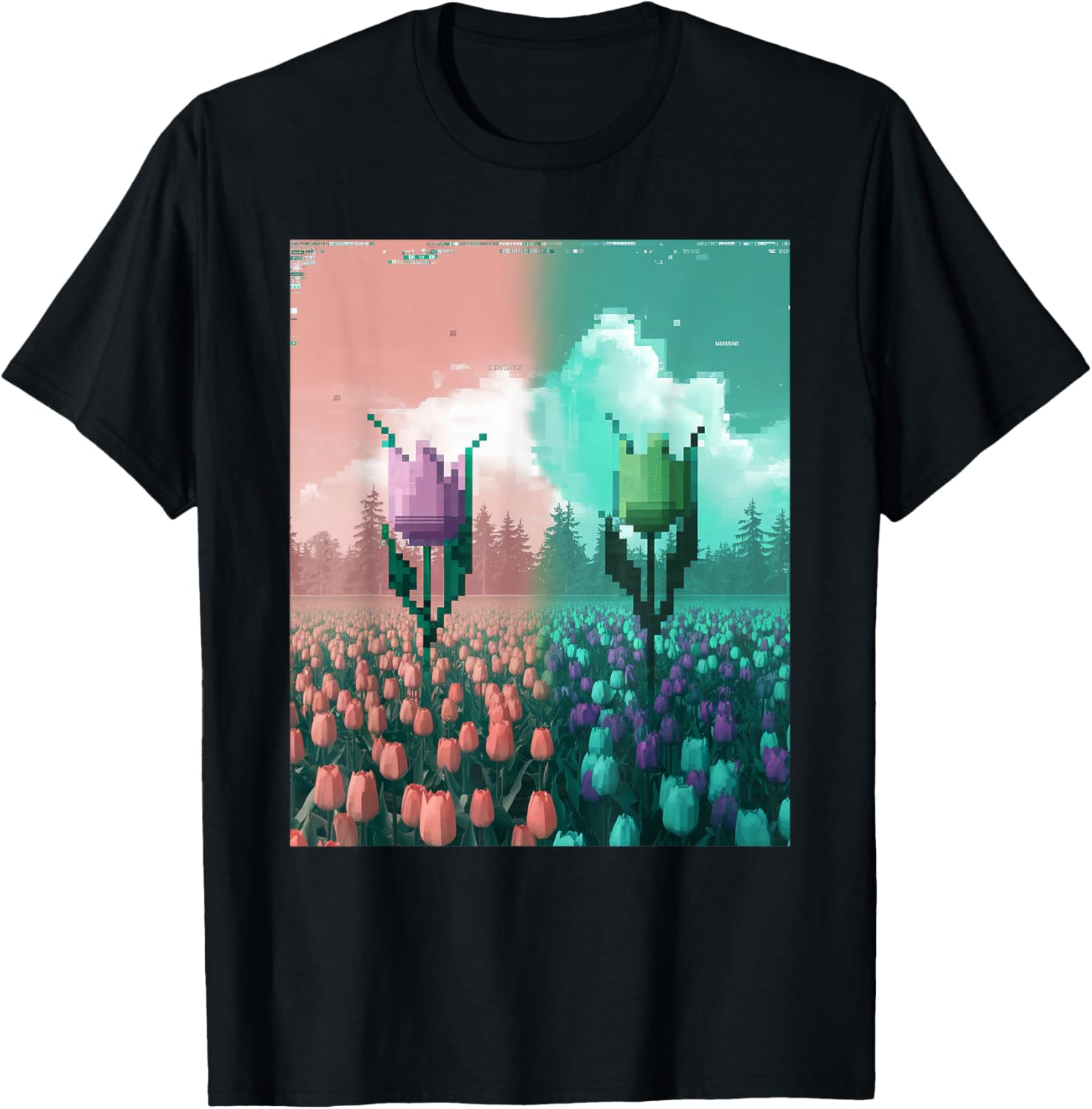Pixel Tulip Retro Glitch Art T-Shirt for a Vibrant Easter Spring Look - 11