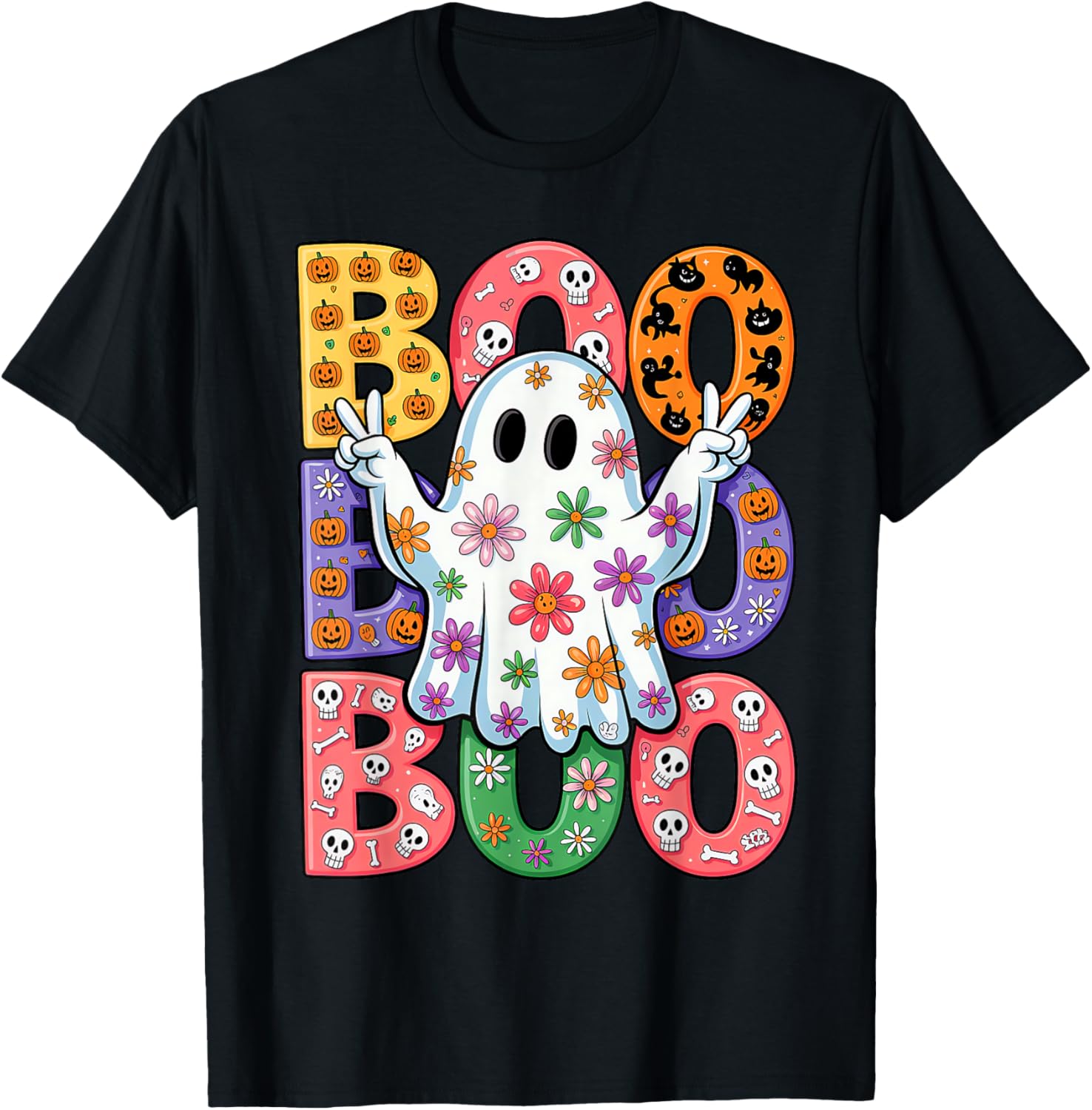 Cute Ghost Floral Halloween T-Shirt for Kids - Spooky Season Fun - 22
