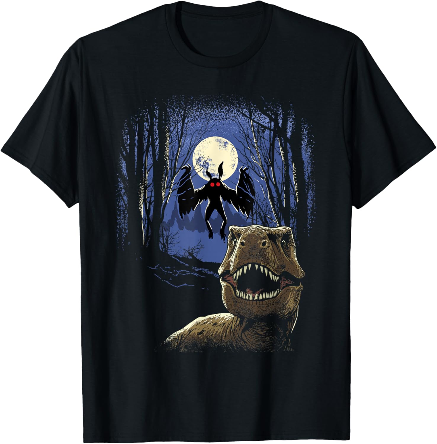 Scared Dinosaur Selfie T-Shirt with Mothman Monster Cryptid Design - 1