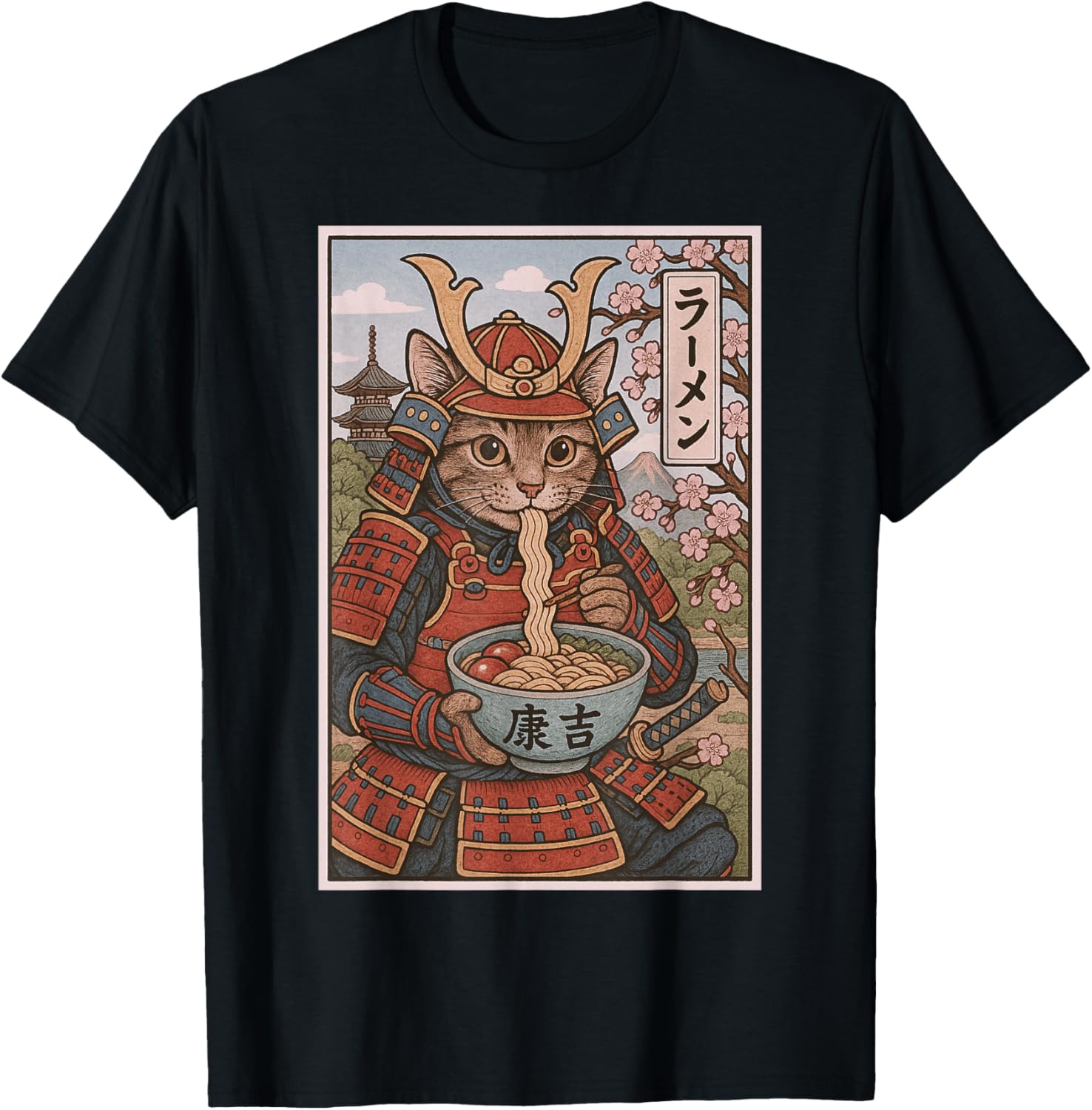Samurai Cat Ramen Lovers T-Shirt - Cute Japanese Warrior Cat Tee - 17