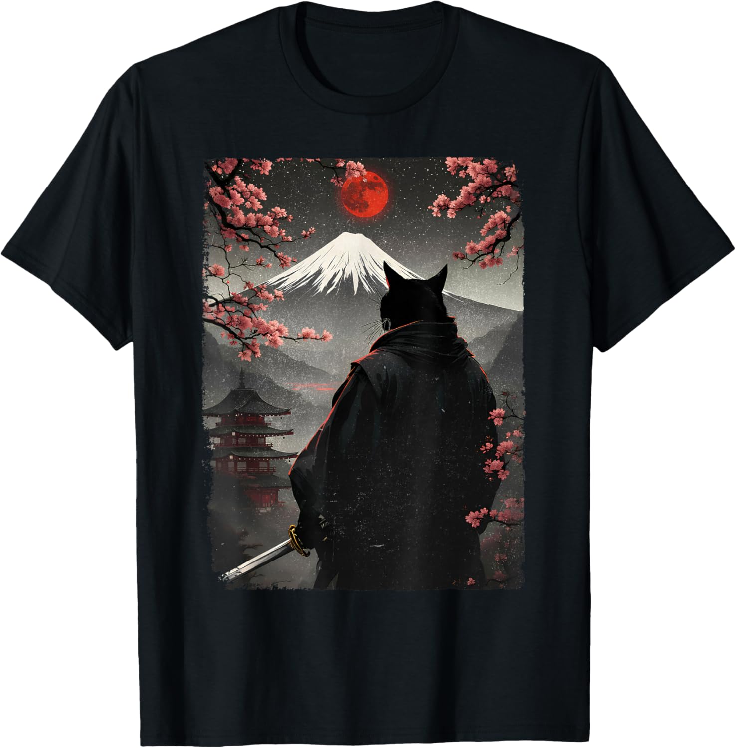Samurai Cat Warrior Graphic T-Shirt with Blood Moon and Mount Fuji Design - 8