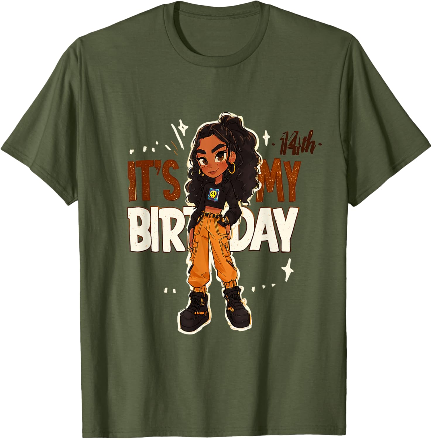 14th Birthday Girl Outfit with Cargo Pants and Curly Hair Art T-Shirt - 3