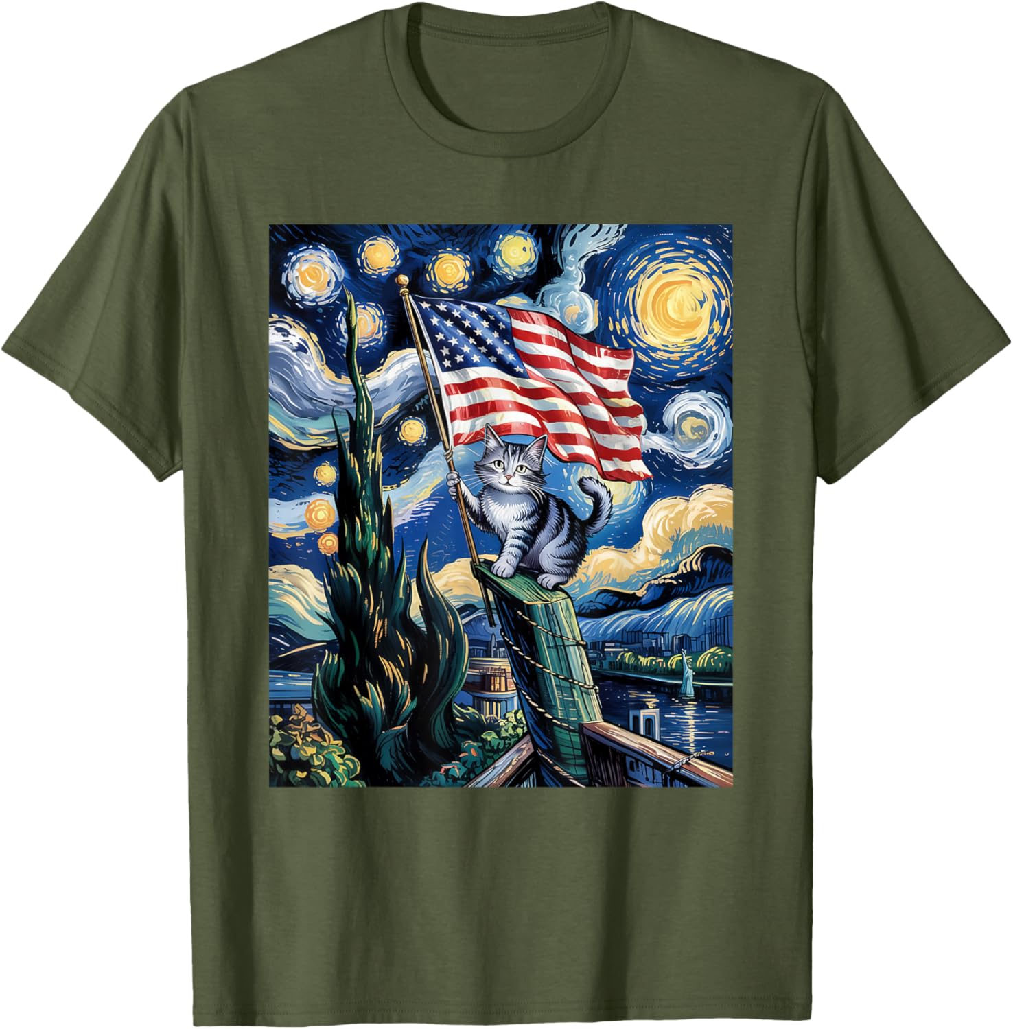Starry Night Patriotic Cat T-Shirt for 4th of July Celebrate in Style - 27