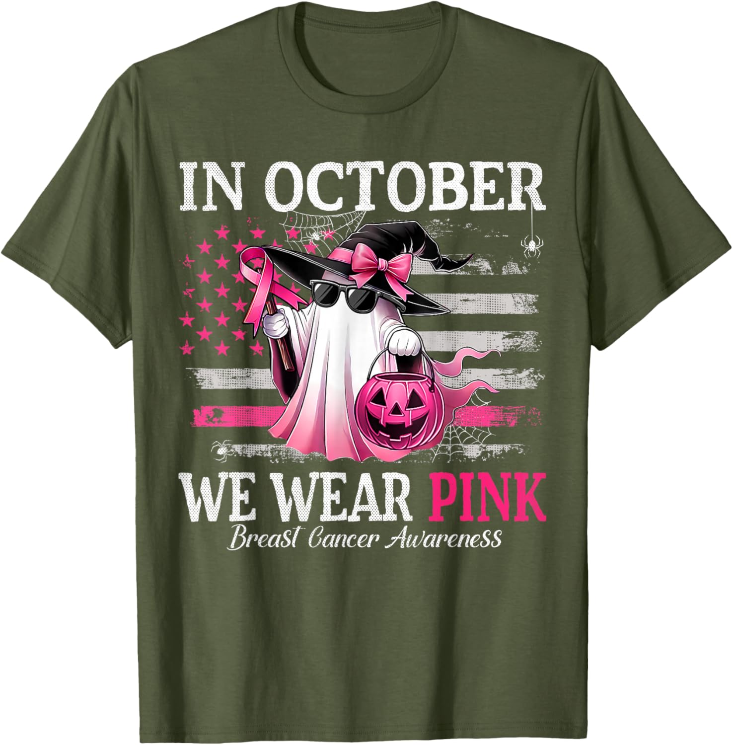 October Breast Cancer Awareness T-Shirt with Pink Ghost Witch Design - 19