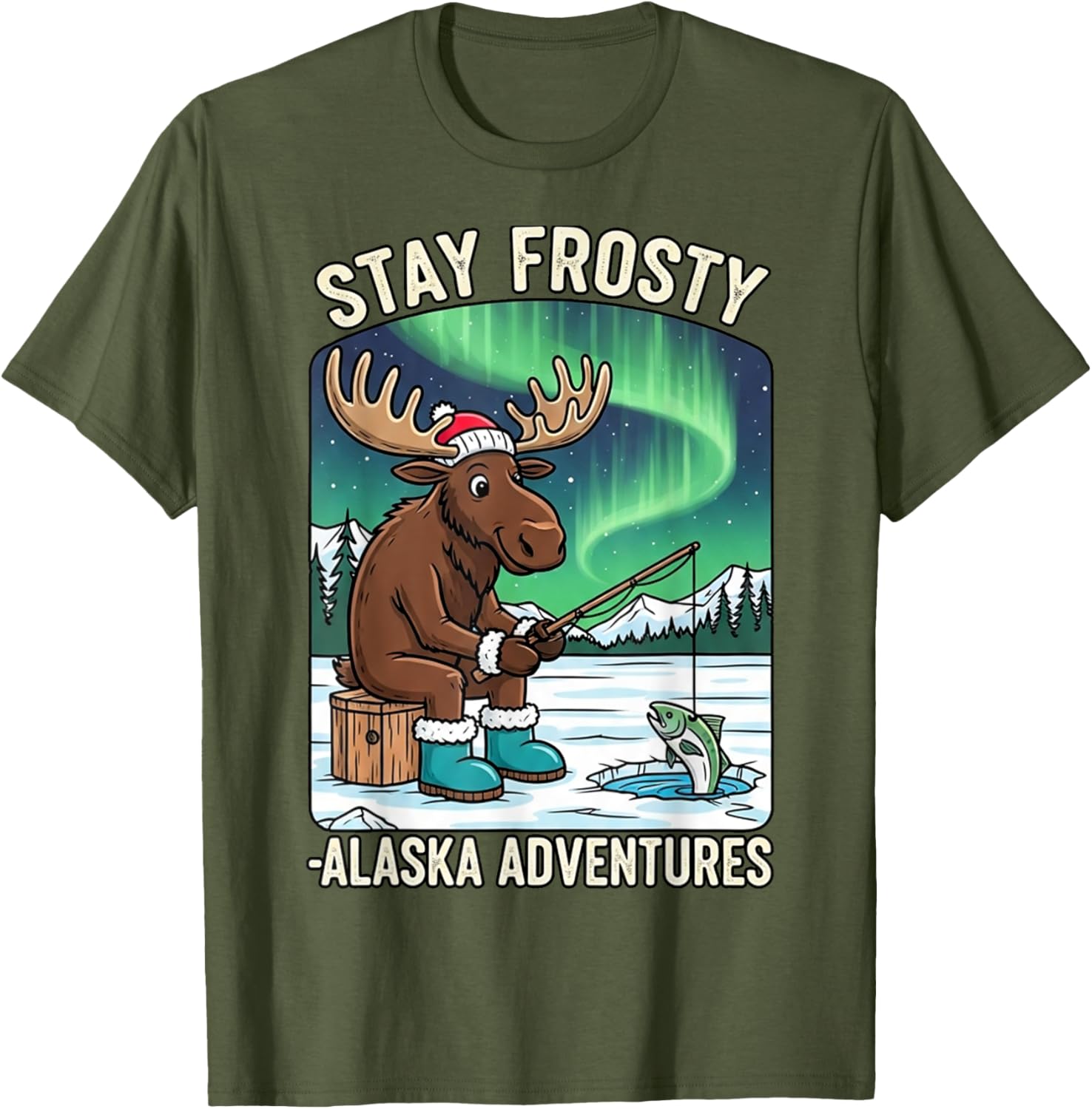 Stay Cold Frosty Moose Ice Fishing T-Shirt for Alaska Winter Adventures - 19