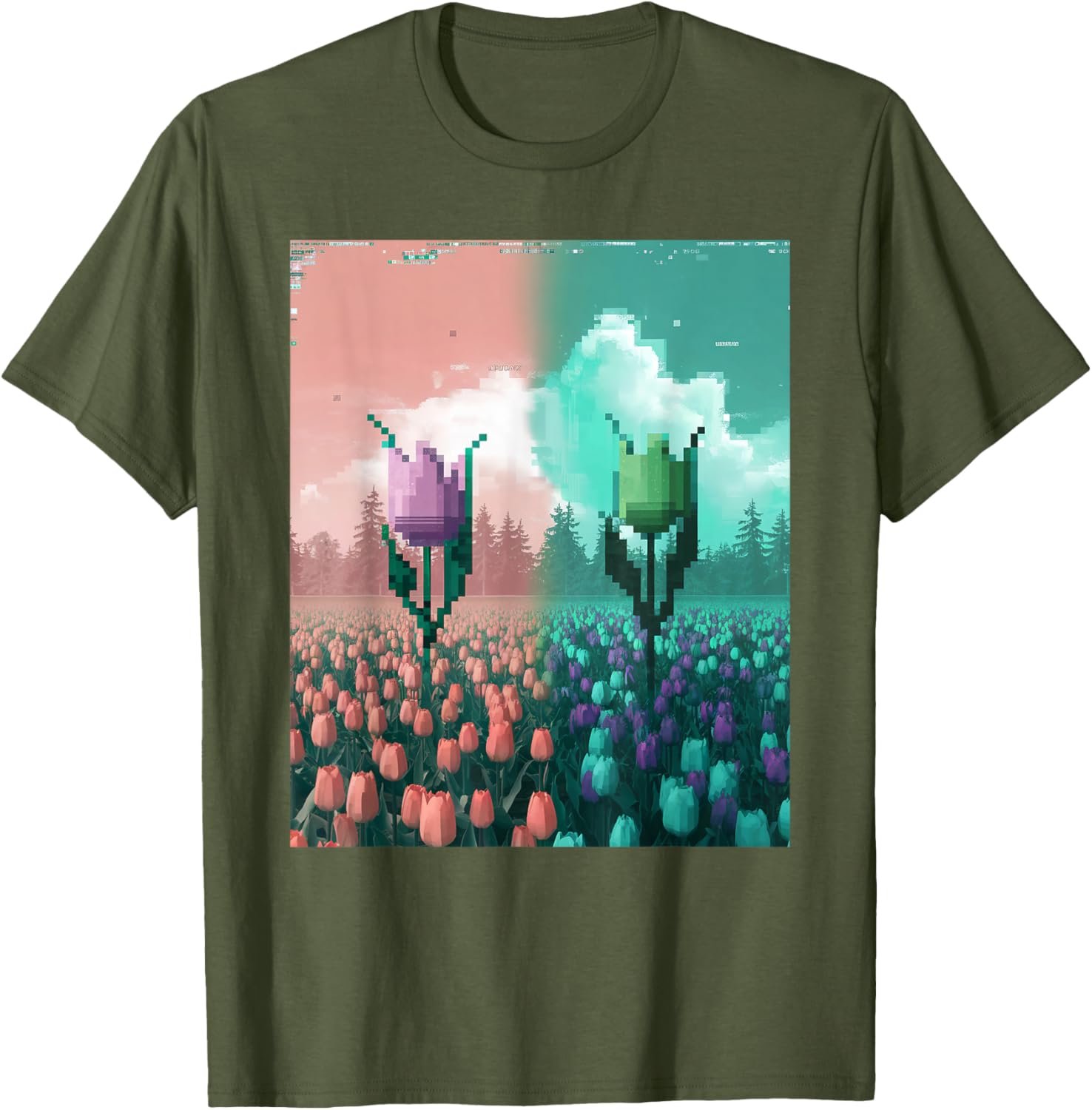 Pixel Tulip Retro Glitch Art T-Shirt for a Vibrant Easter Spring Look - 17