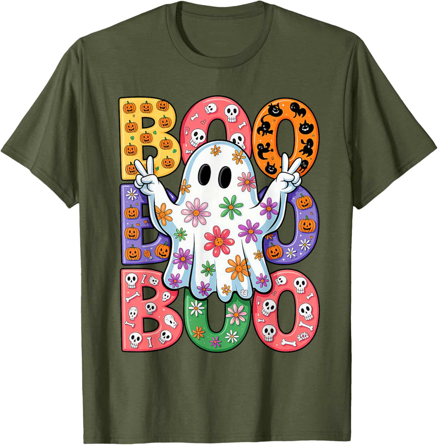 Cute Ghost Floral Halloween T-Shirt for Kids - Spooky Season Fun - 15
