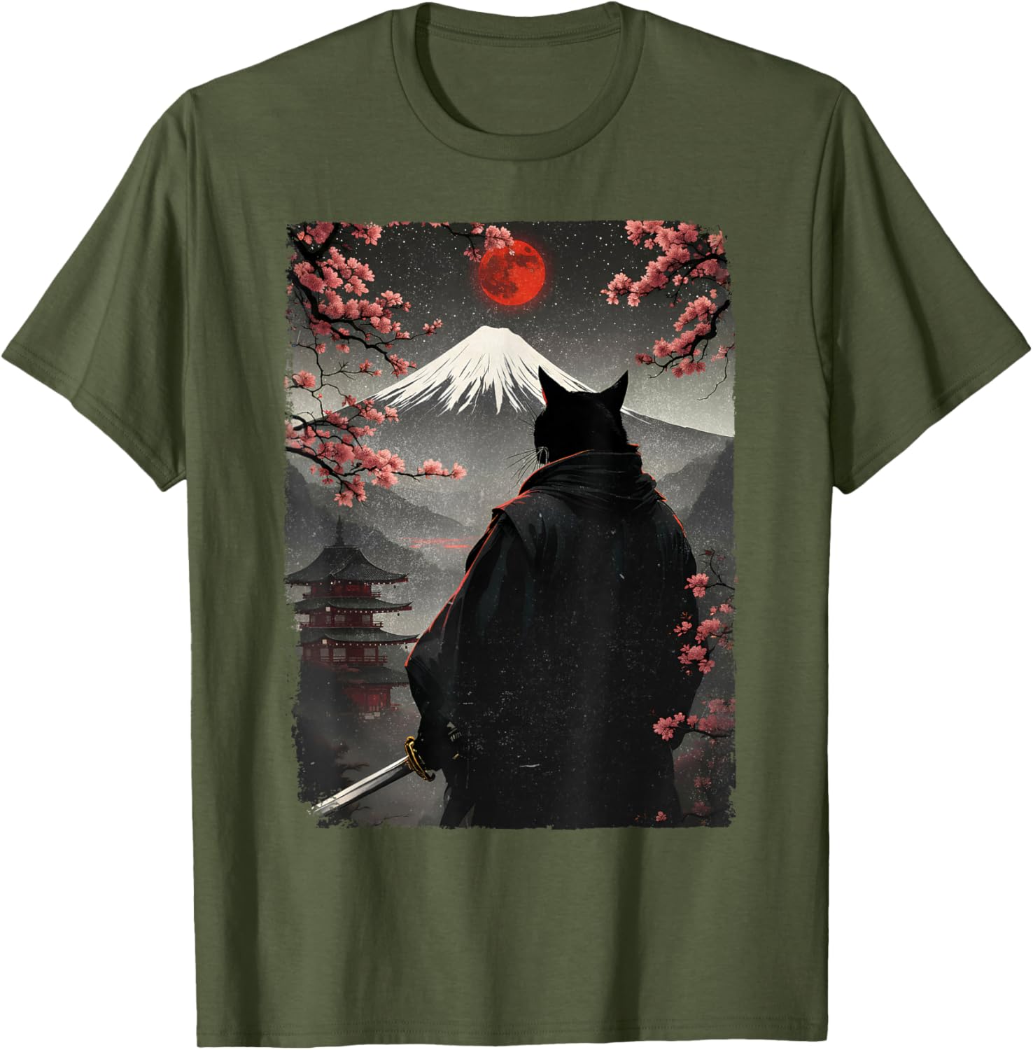 Samurai Cat Warrior Graphic T-Shirt with Blood Moon and Mount Fuji Design - 17