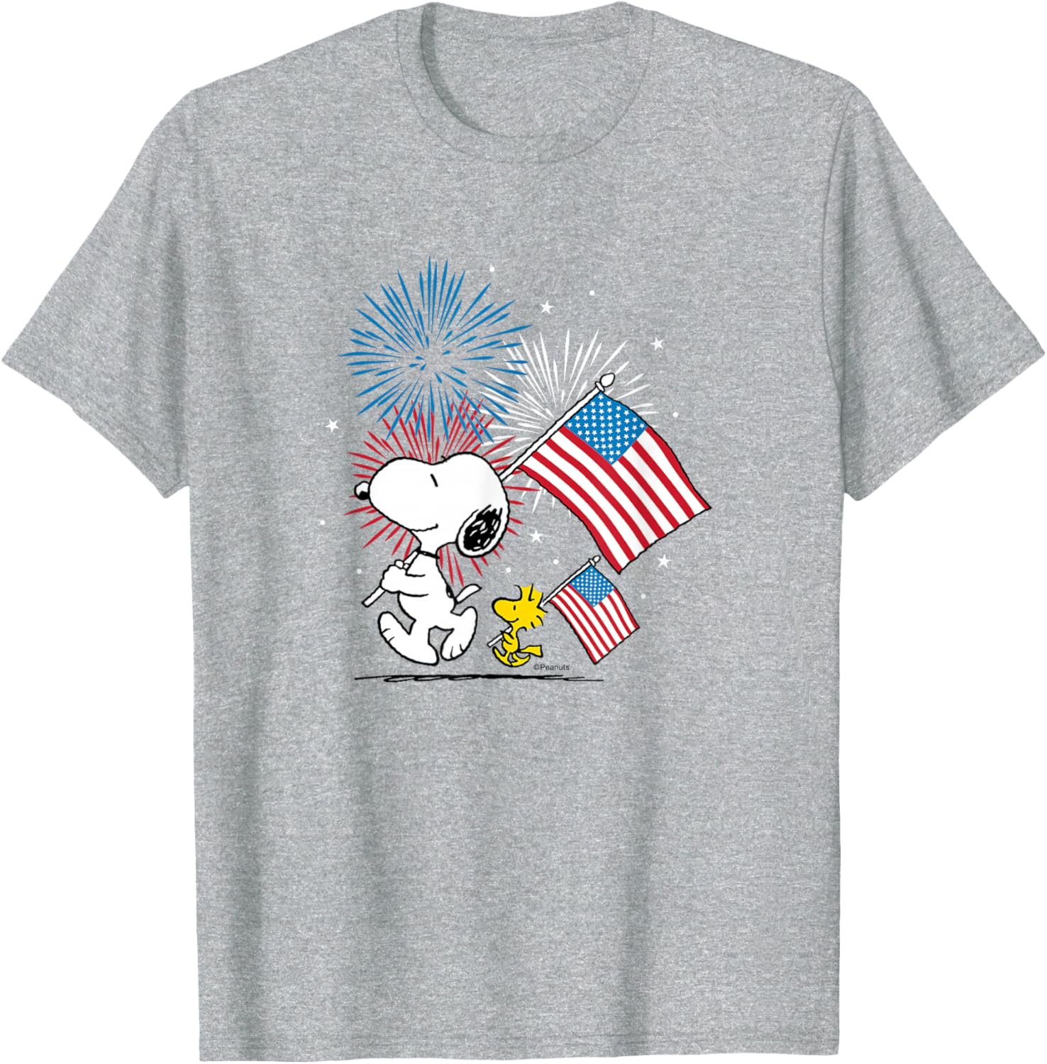 Snoopy and Woodstock American Flags Fireworks T-Shirt for Fun Celebrations - 9