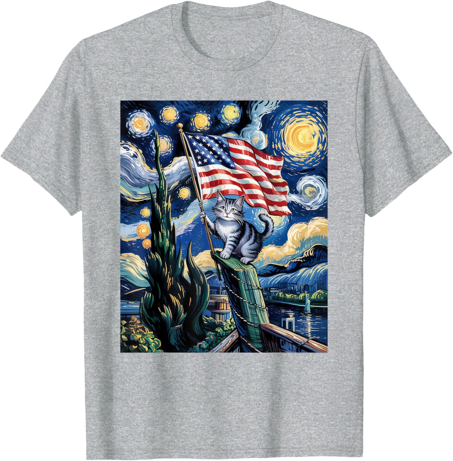 Starry Night Patriotic Cat T-Shirt for 4th of July Celebrate in Style - 11